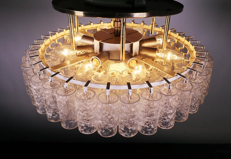 Mid-20th Century Large Flush Mount Chandelier Brass & Murano Glass Tubes by Doria, Germany, 1960s For Sale