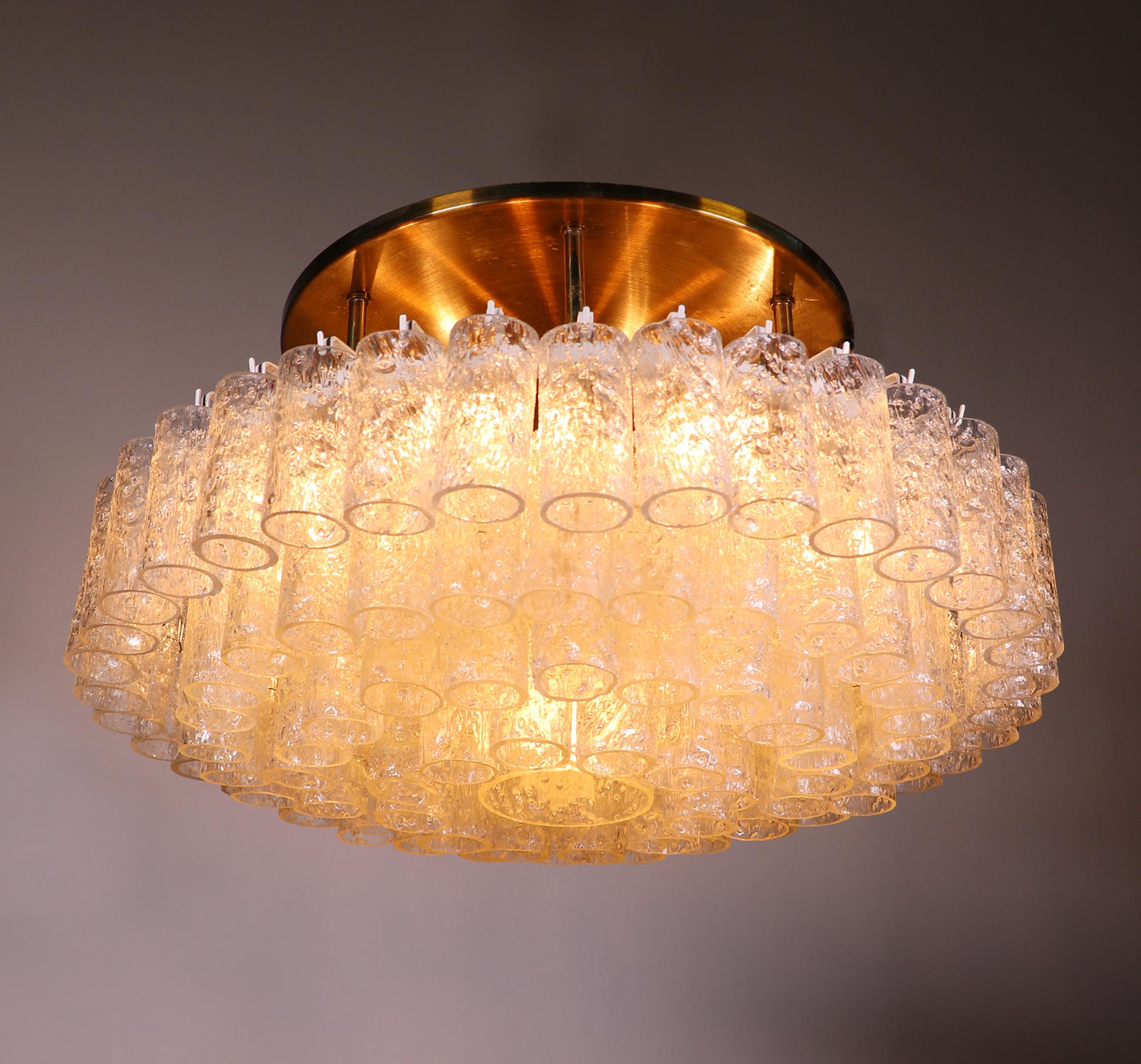 Large Flush Mount Chandelier Brass & Murano Glass Tubes by Doria, Germany 1960s 3