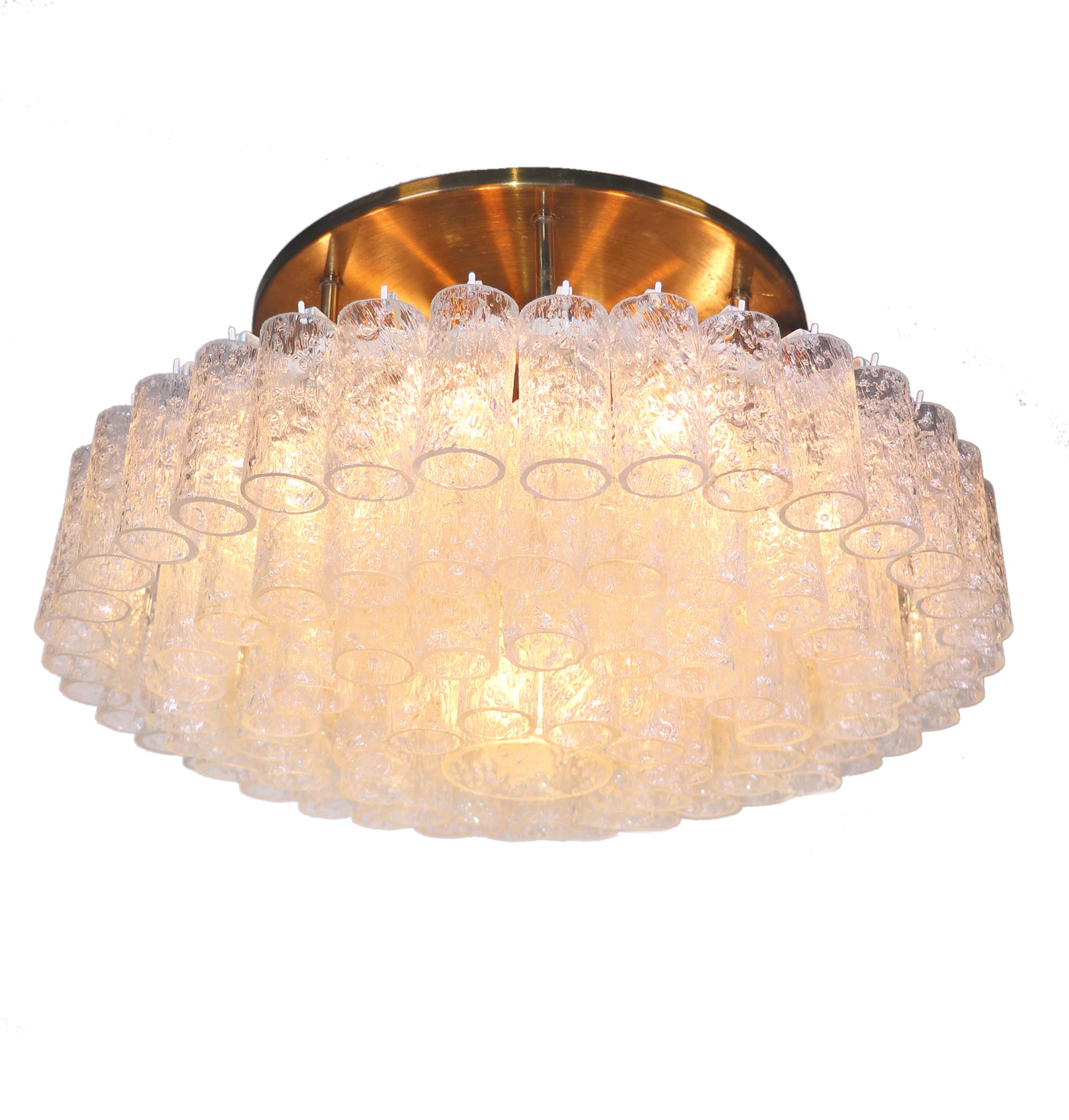Large Flush Mount Chandelier Brass & Murano Glass Tubes by Doria, Germany 1960s 4