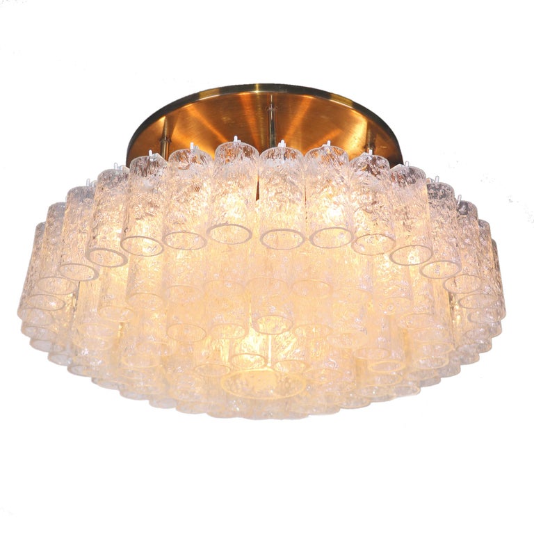 Large Flush Mount Chandelier Brass & Murano Glass Tubes by Doria, Germany, 1960s For Sale 4