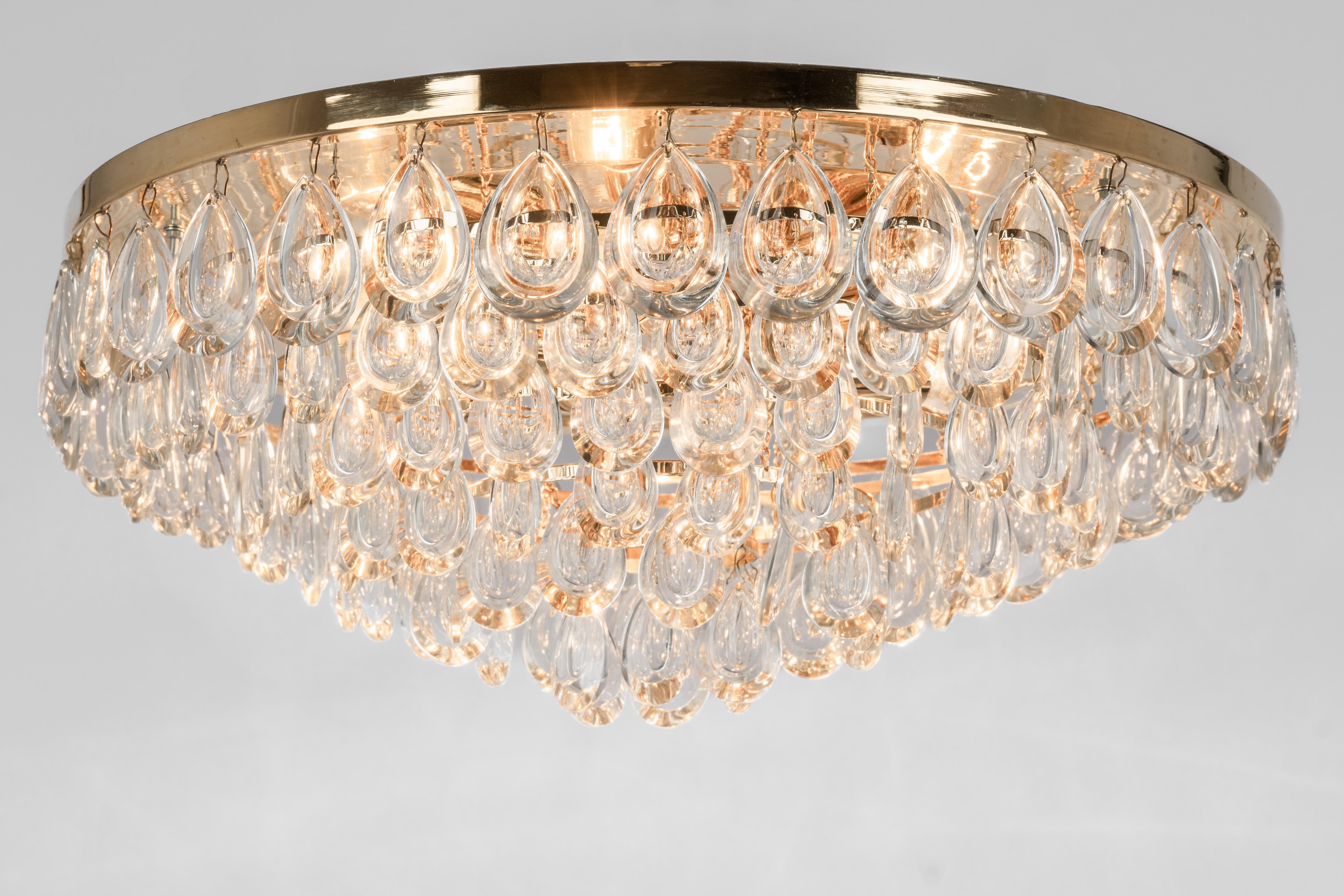 Gold Plate Large Flush Mount Chandelier, Sciolari Style by Palwa, Germany, 70s