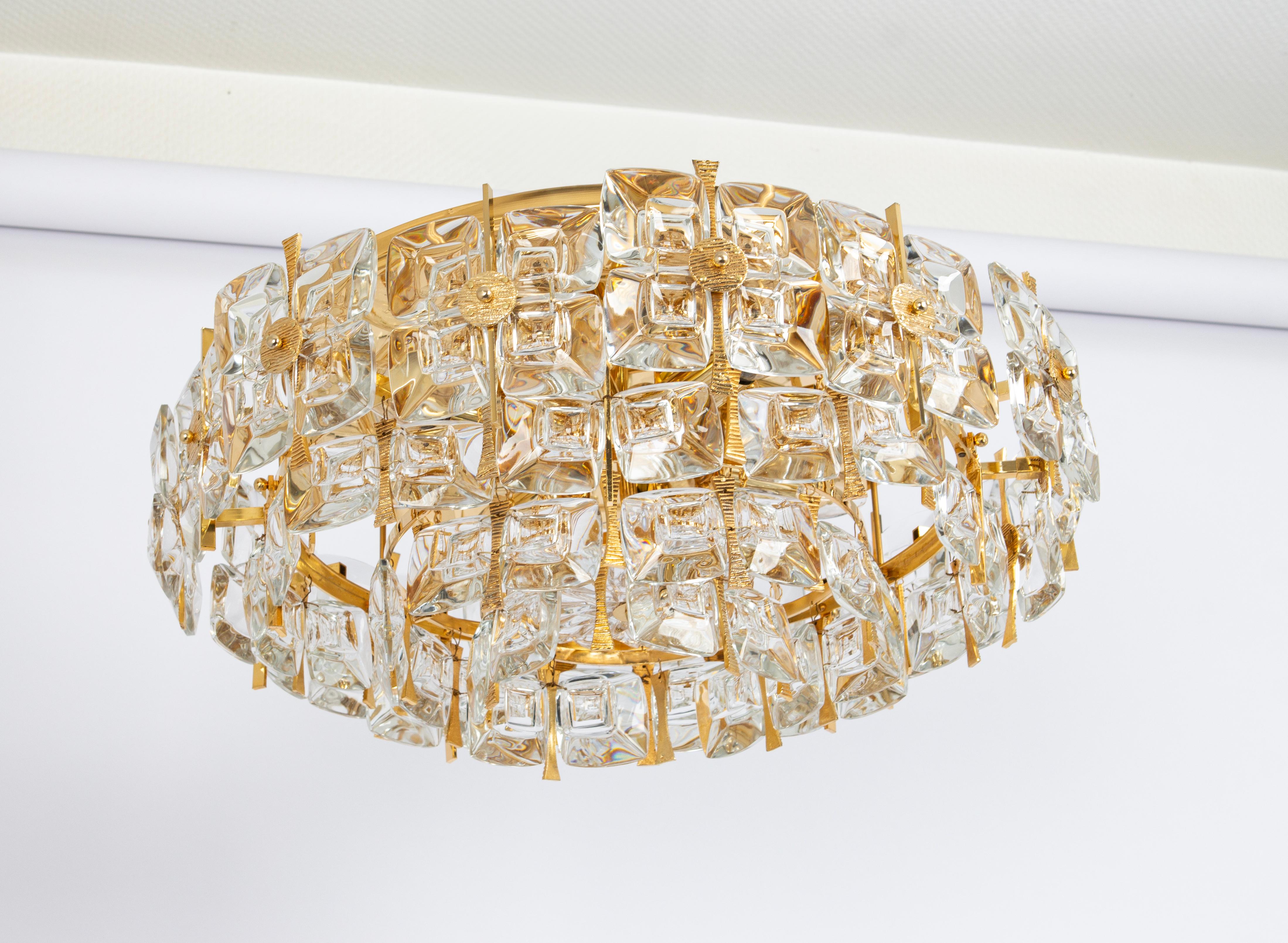 Gold Plate Large Flush Mount Chandelier, Sciolari Style by Palwa, Germany, 70s For Sale