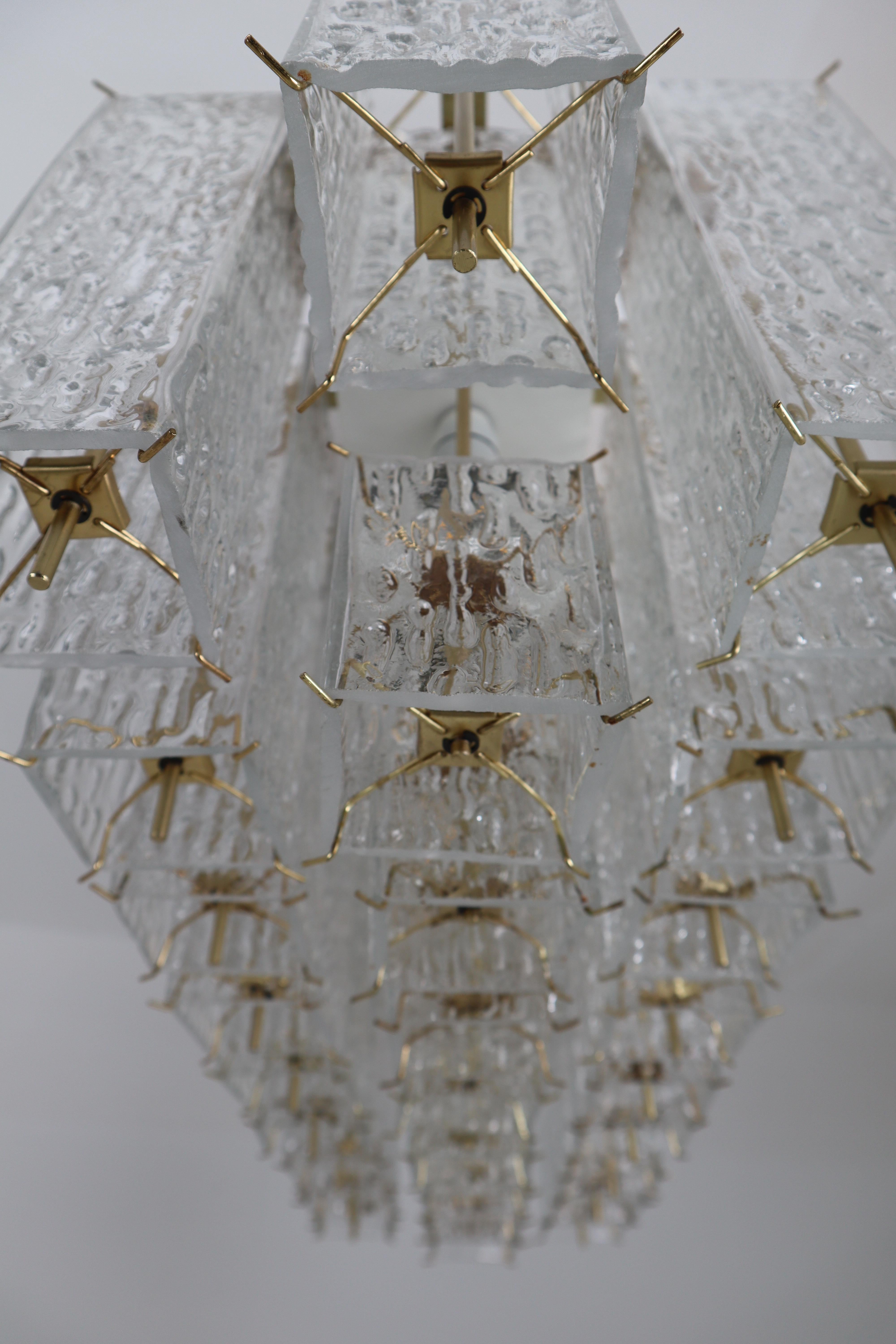 Large Flush-Mount Chandelier with Glass and Brass Frame, 1960s 4