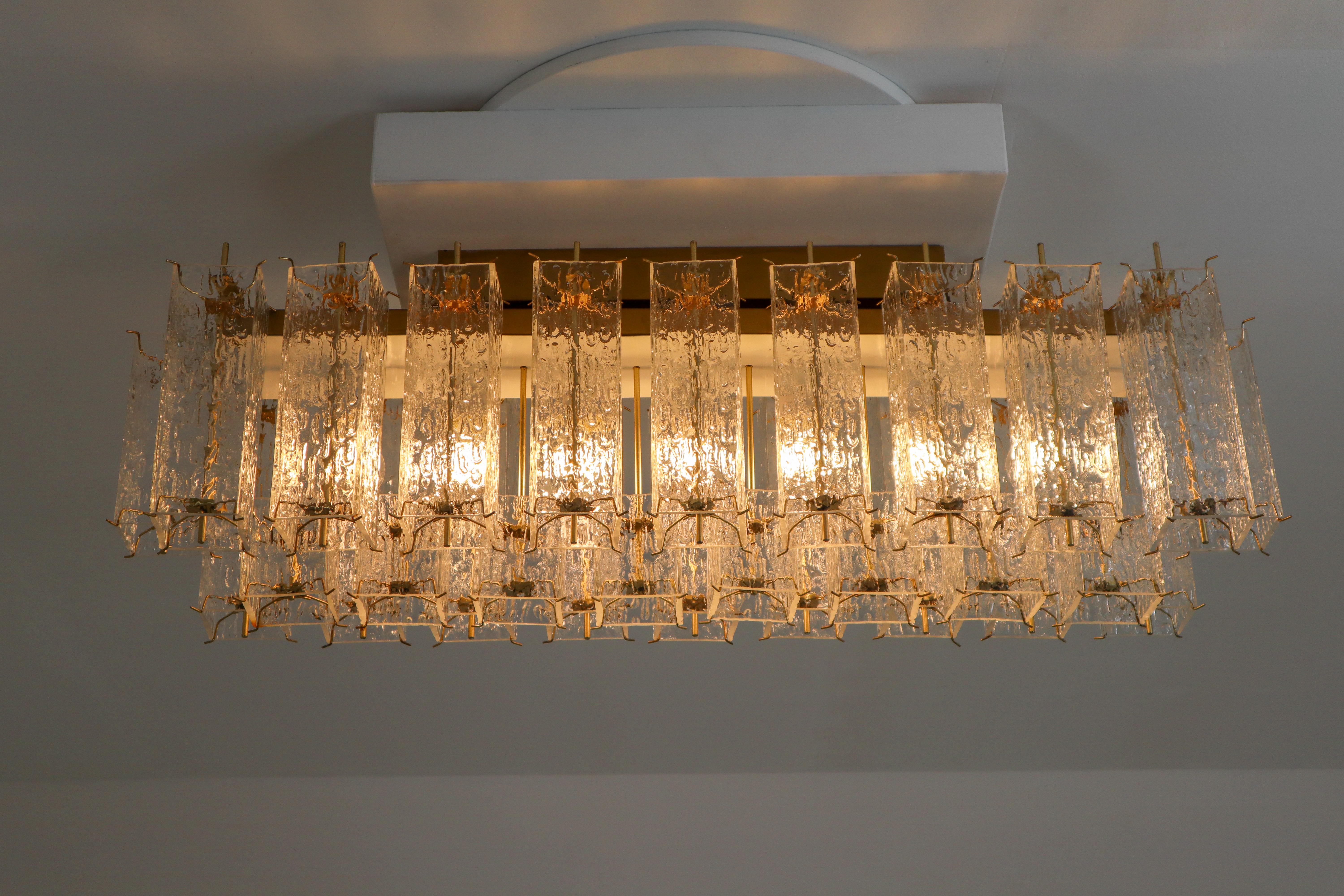 Hollywood Regency Large Flush-Mount Chandelier with Glass and Brass Frame, 1960s
