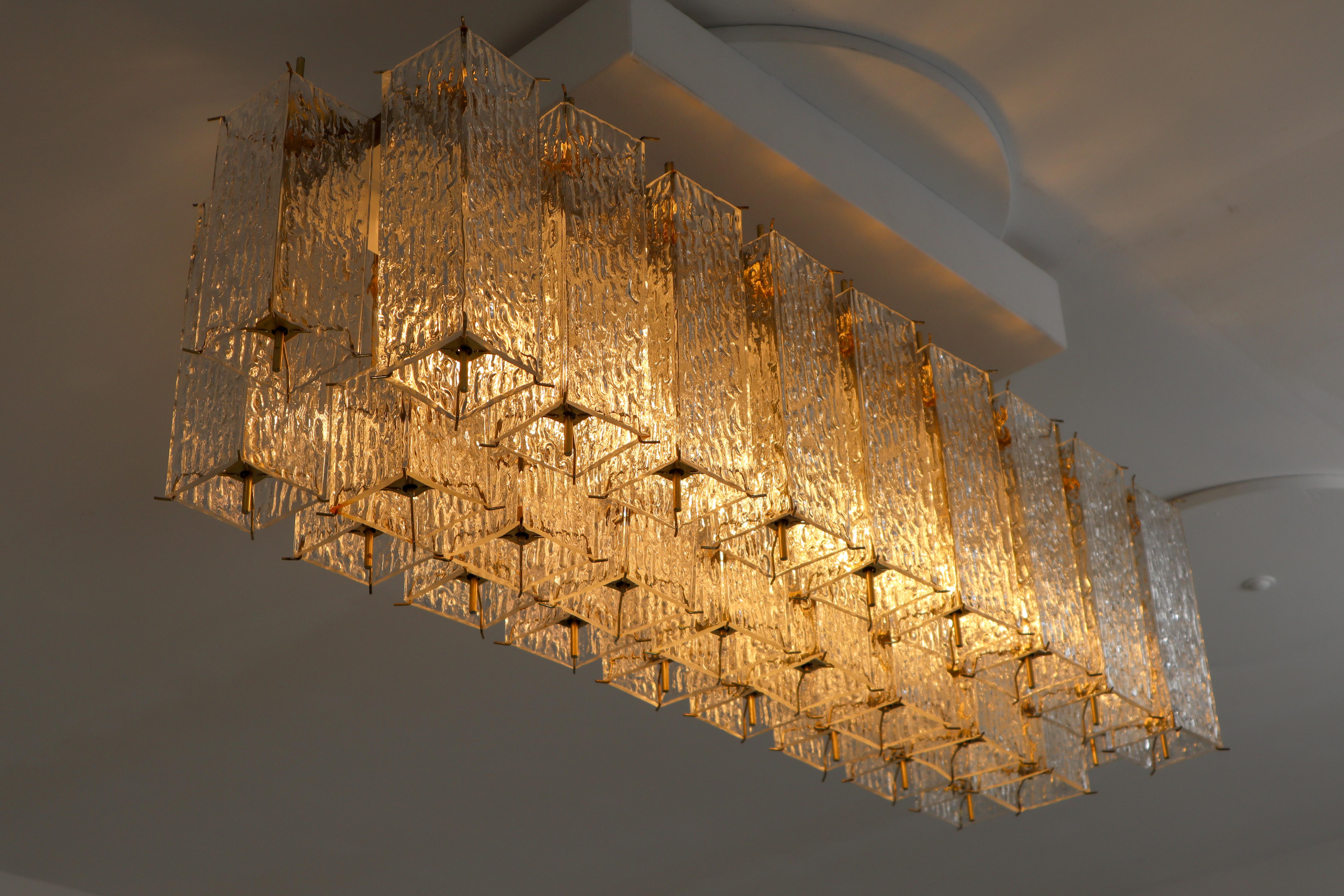 Large Flush-Mount Chandelier with Glass and Brass Frame, 1960s In Good Condition In Almelo, NL