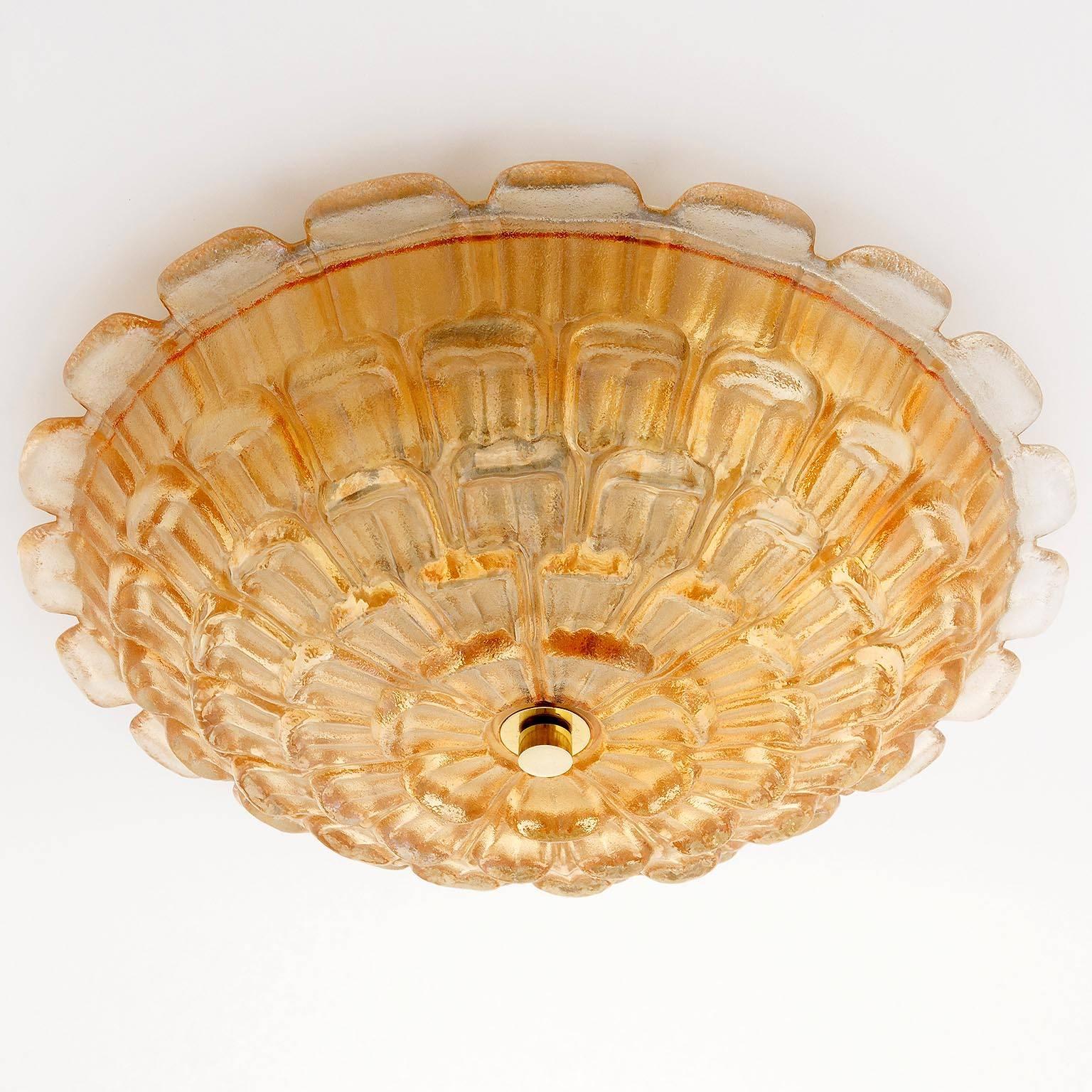 Mid-Century Modern Large Flush Mount Light, Brass and Amber Tone Glass, Germany, 1970s For Sale