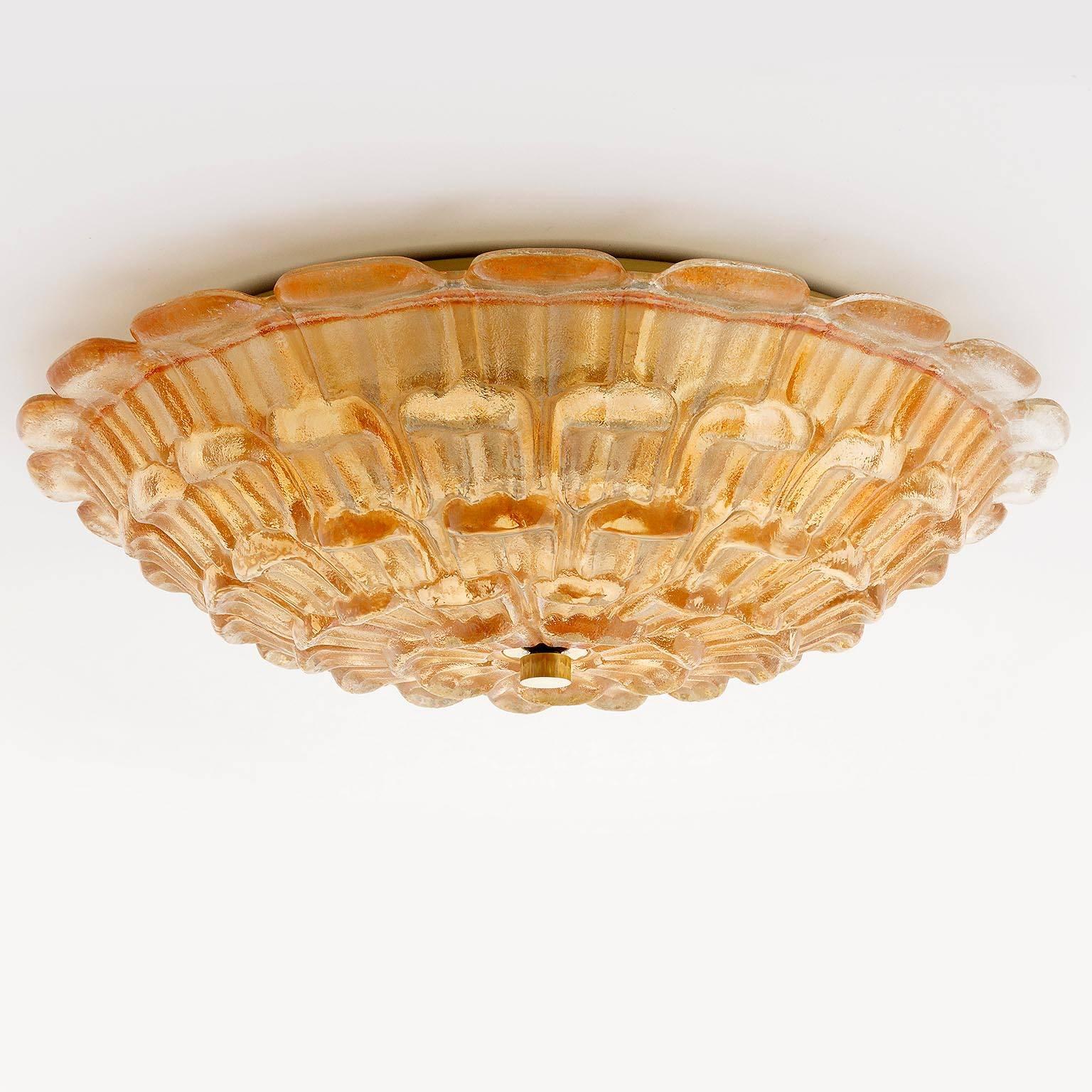 Painted Large Flush Mount Light, Brass and Amber Tone Glass, Germany, 1970s For Sale