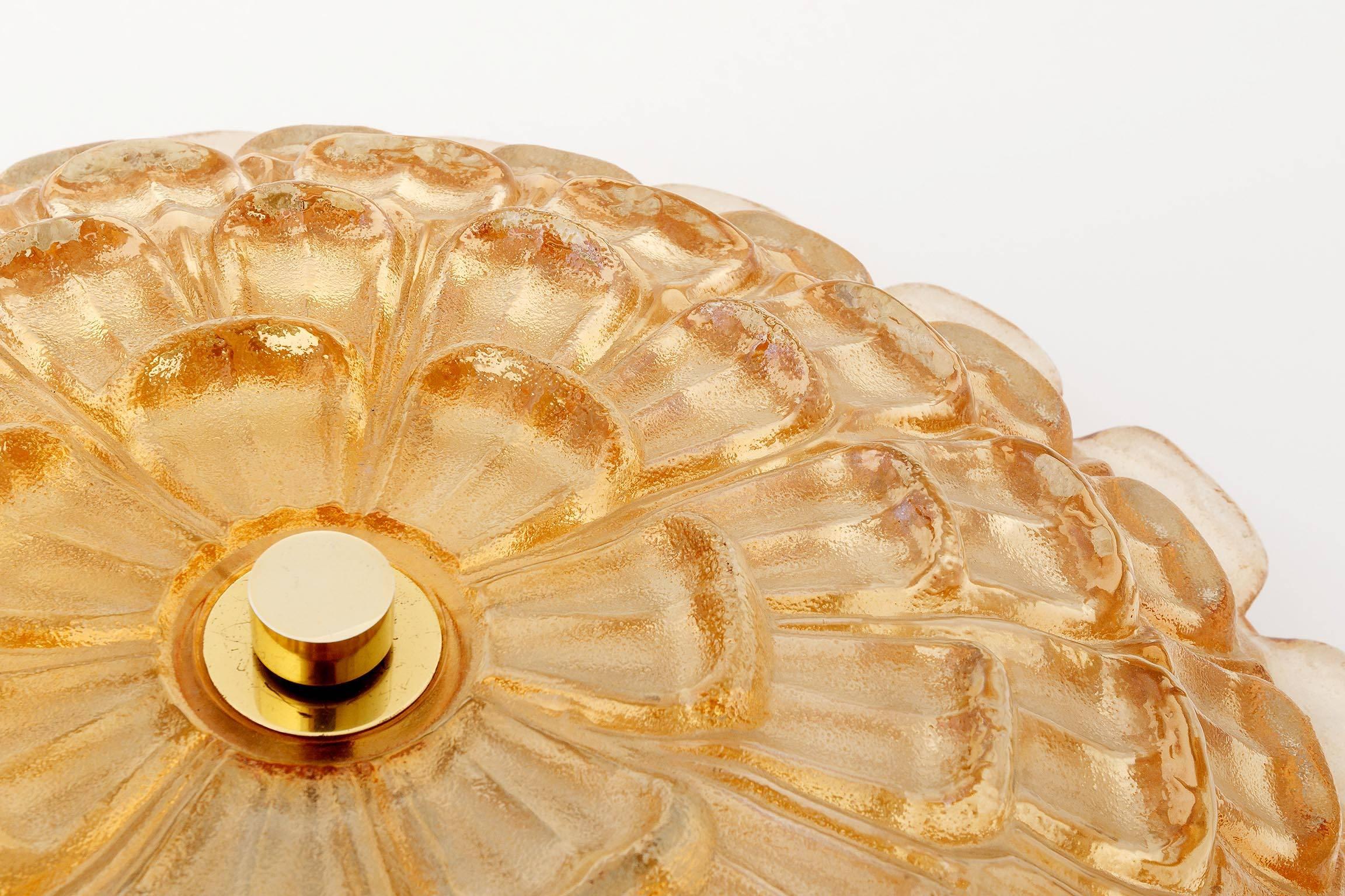 Late 20th Century Large Flush Mount Light, Brass and Amber Tone Glass, Germany, 1970s