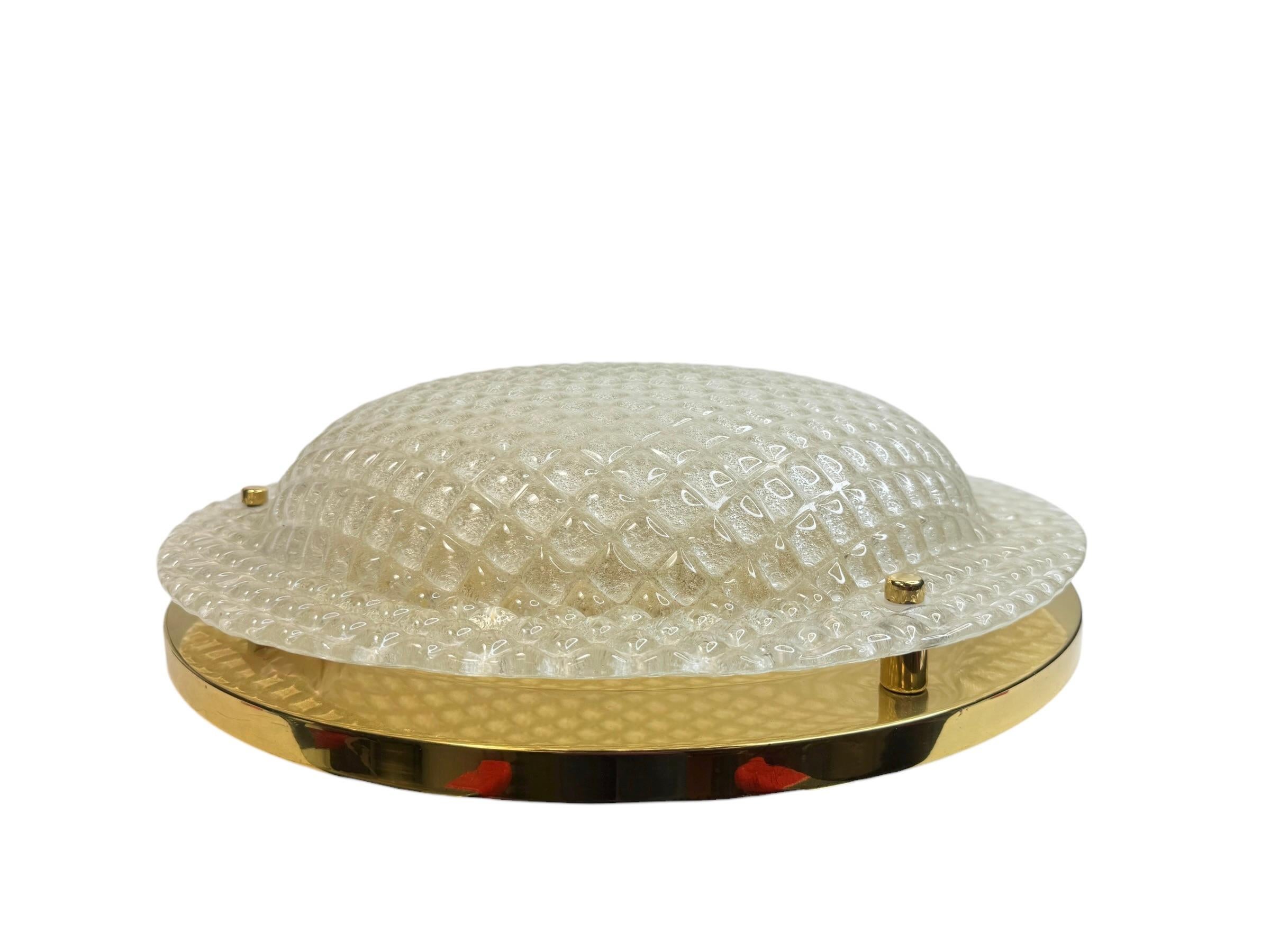 Mid-Century Modern Large Flush Mount Murano Glass and polished Brass Metal, by Fischer Leuchten For Sale