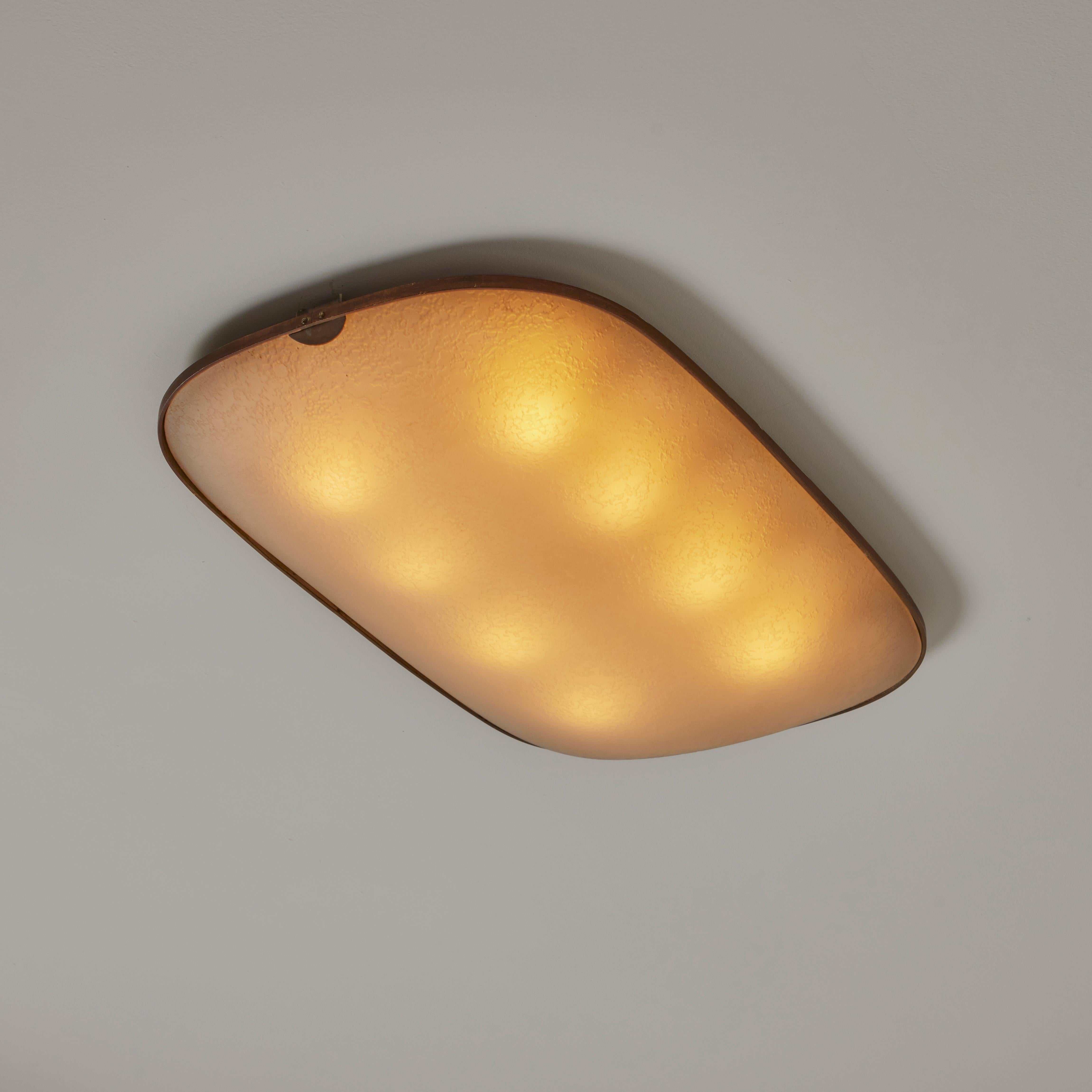 Large flush mount wall/ceiling light by Max Ingrand by Fontana Arte. Designed and manufactured in Italy, circa 1950's. Wired for U.S. standards. Glass, brass. Painted metal. We recommend Lamping: 120v 8Qty E14 Sockets 25w frosted bulbs, lightbulbs