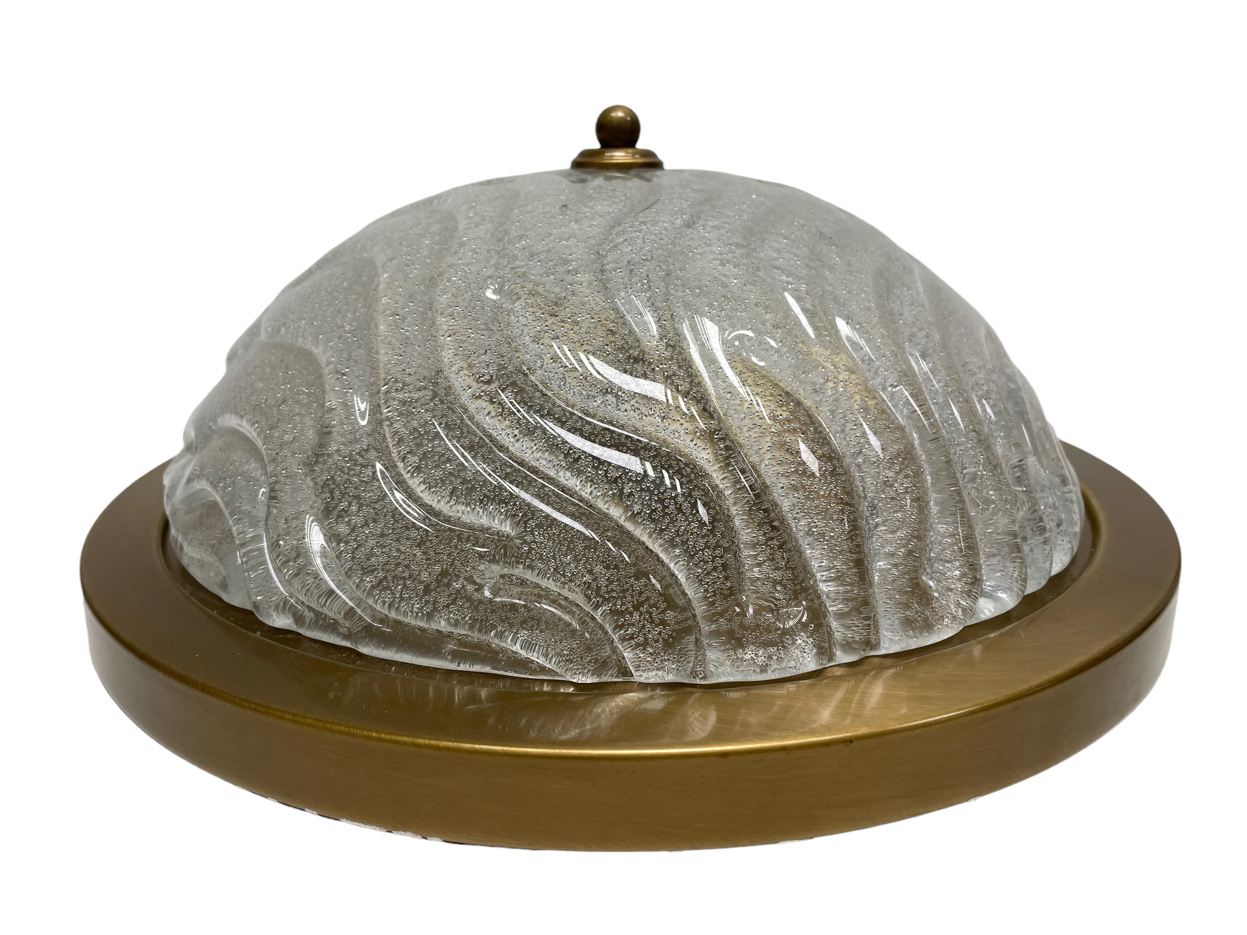 Mid-Century Modern Large Flush Mount Wave Glass and Brushed Burnished Metal, by Fischer Leuchten For Sale