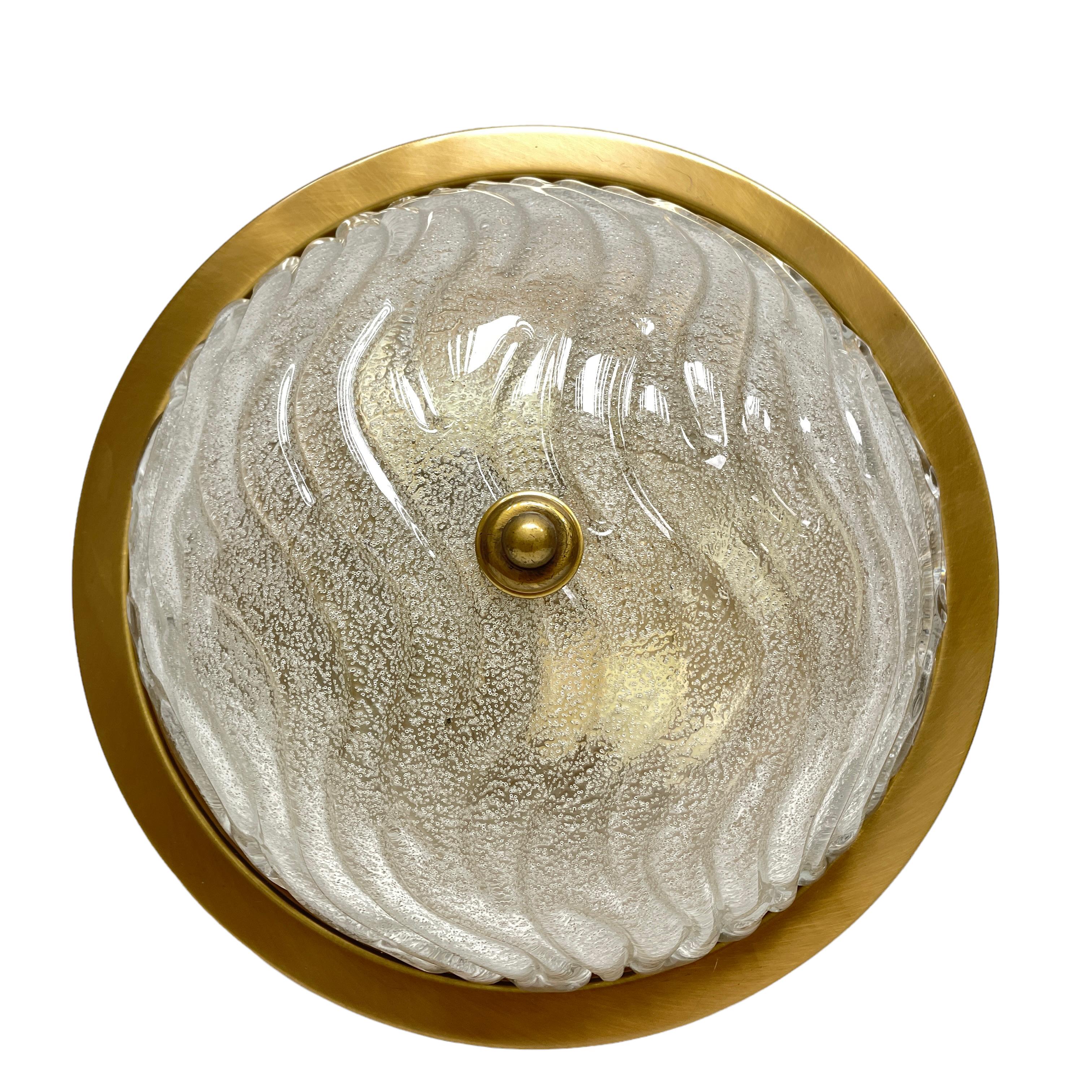 Late 20th Century Large Flush Mount Wave Glass and Brushed Burnished Metal, by Fischer Leuchten For Sale