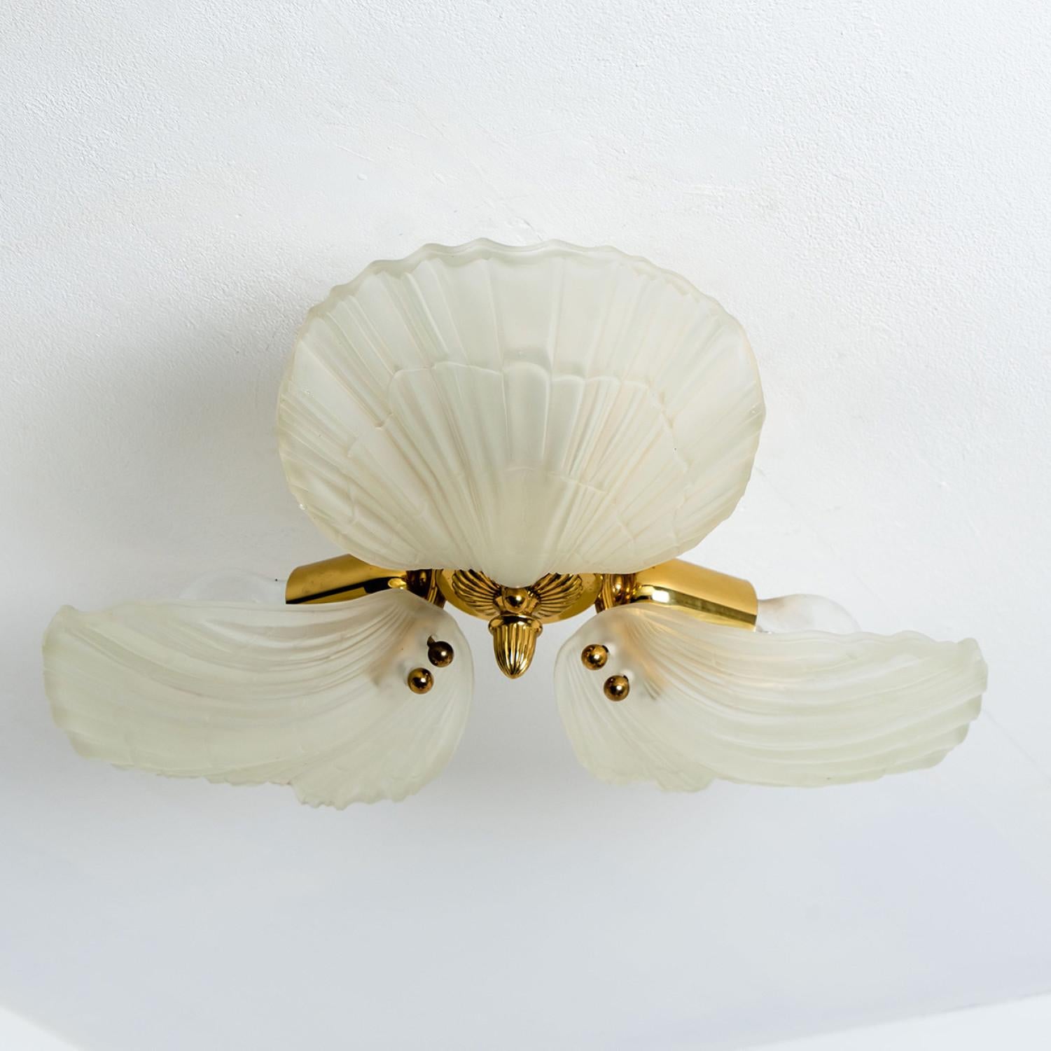 Mid-Century Modern Large Flush Mount with 3 Milkglass Shells, Barovier Style, Italy, 1970's For Sale