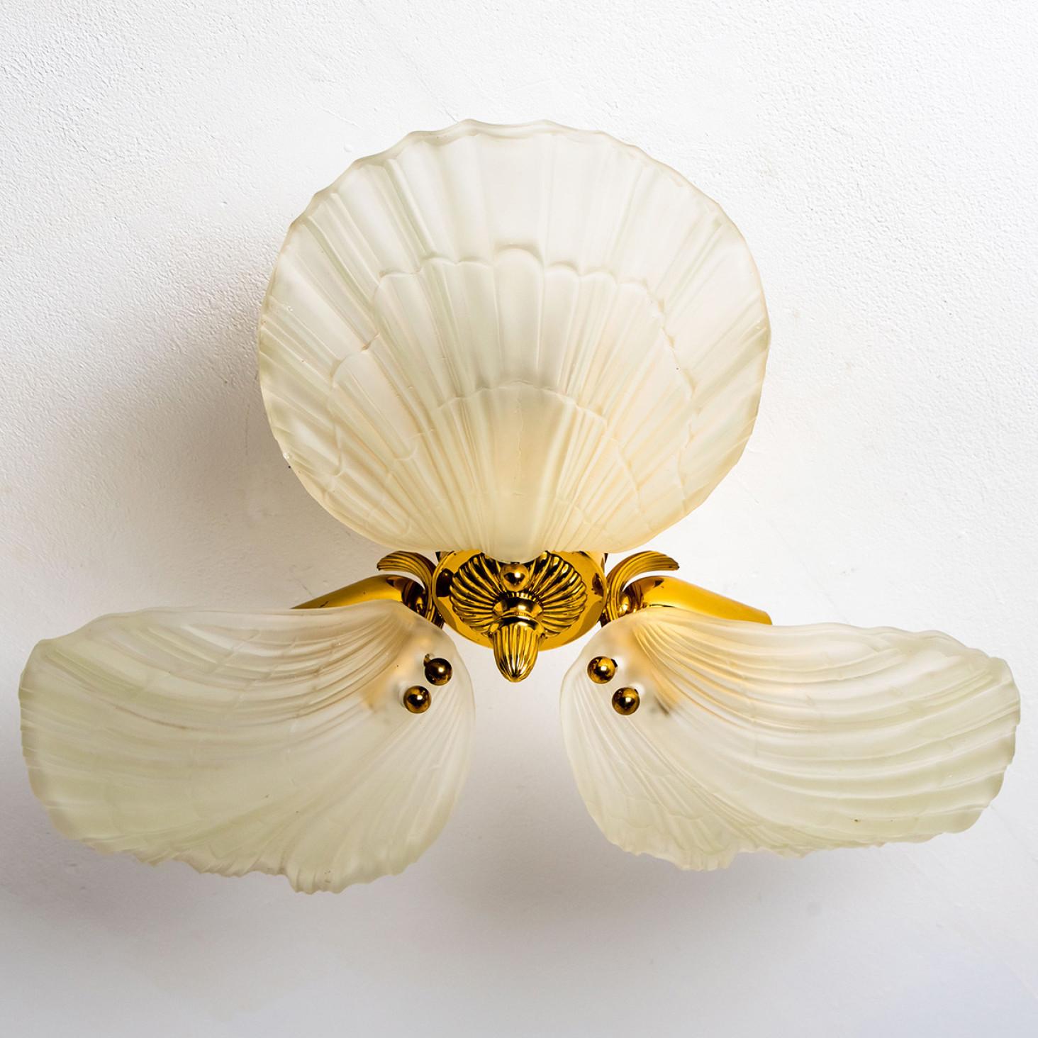 Brass Large Flush Mount with 3 Milkglass Shells, Barovier Style, Italy, 1970's For Sale