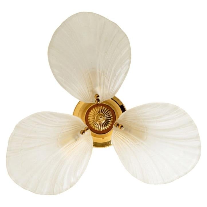 Large Flush Mount with 3 Milkglass Shells, Barovier Style, Italy, 1970's For Sale