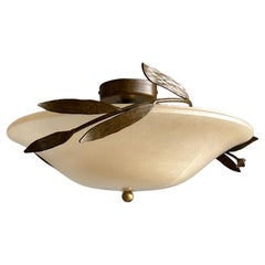 Large Flush Mount with Stunning Alabaster Shade, Bronze Leafs, Six Light Pendant