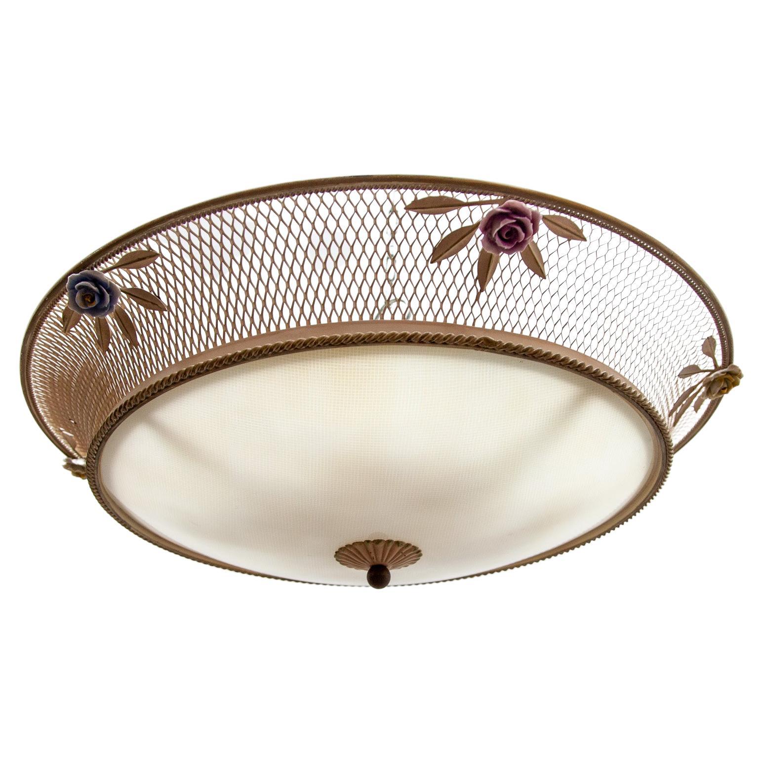 Large Flush Mounted Lamp with Ceramic Roses, France, 1950s