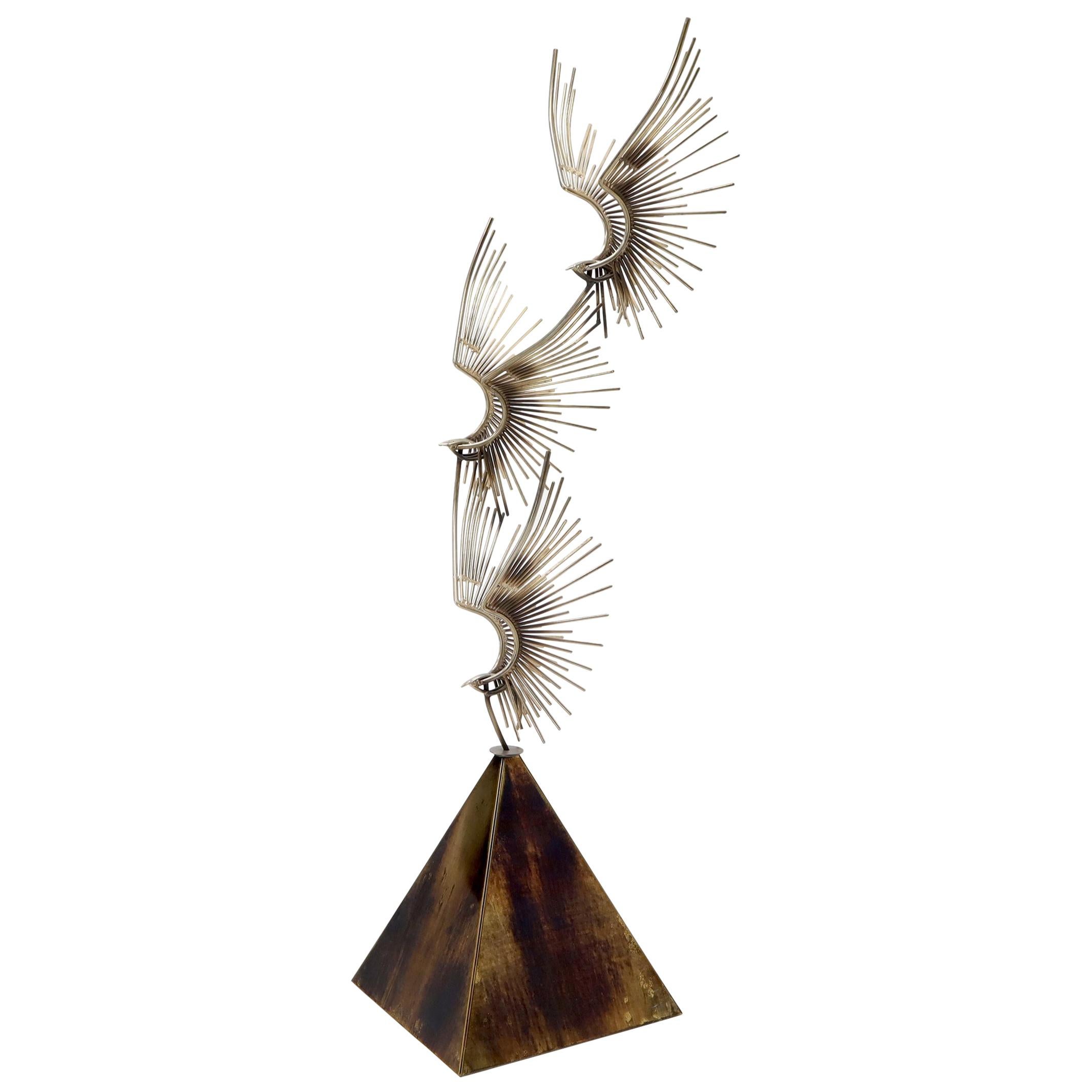 Large Flying Birds Group Metal Sculpture Pyramid Shape Base Curtis Jere