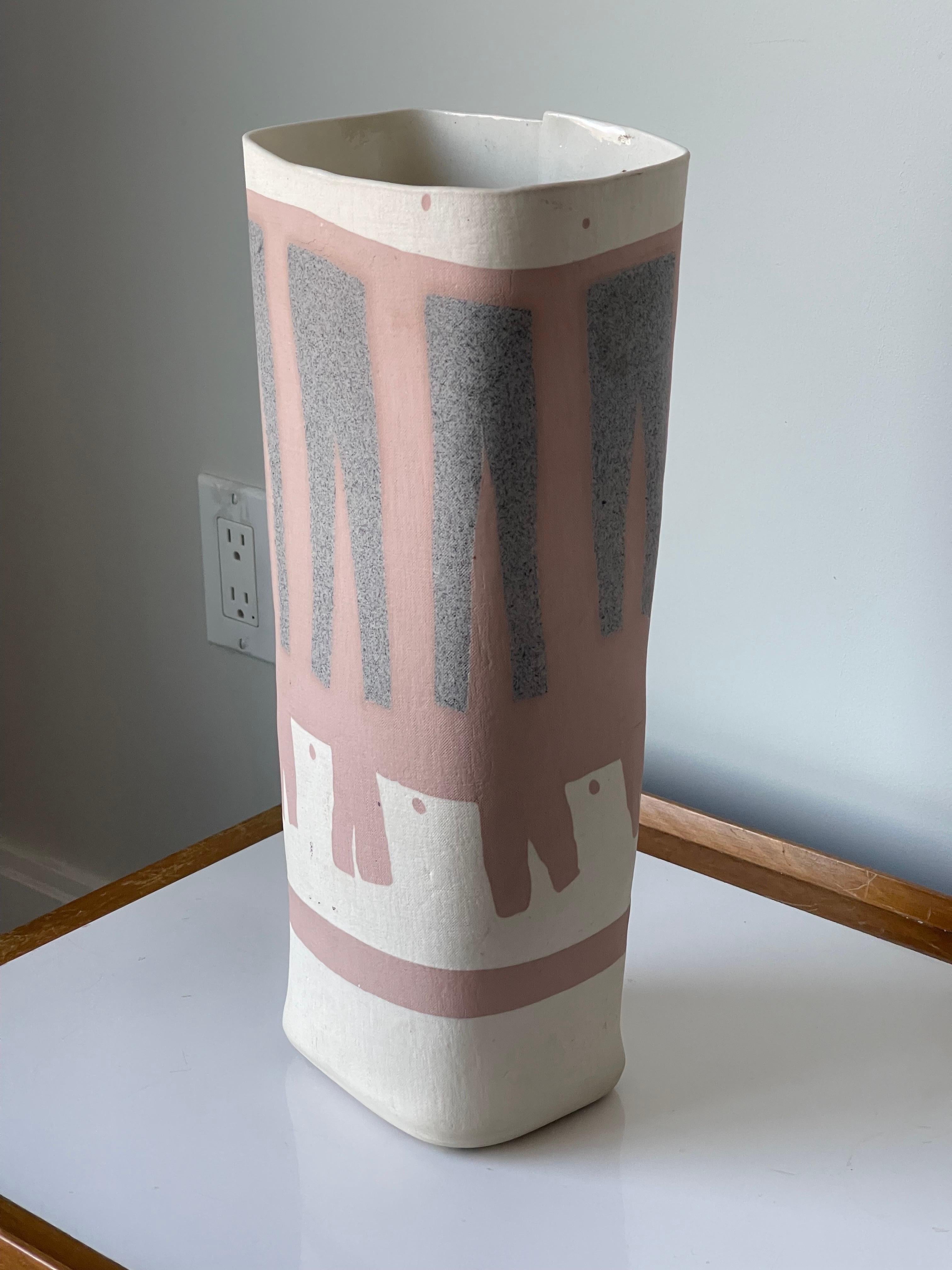Excellent folded ceramic vase by Weissman, 1982. 
From a collection of an architect / artist in Massachusetts. 
They traveled extensively throughout California, Arizona and New Mexico, buying art. Many listed artists were in their collection.