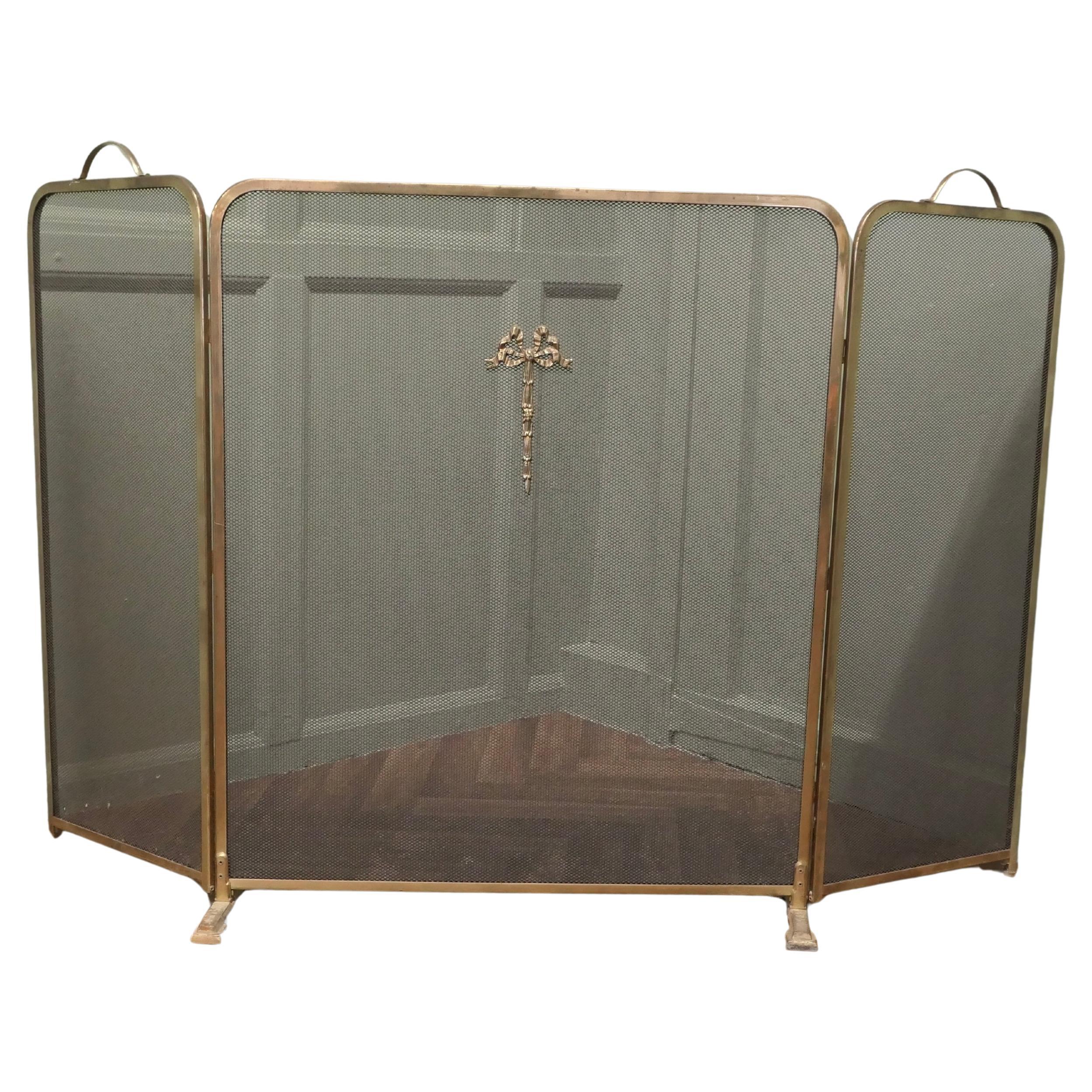 Large Folding Brass Mesh Fire Guard for Inglenook Fireplace
