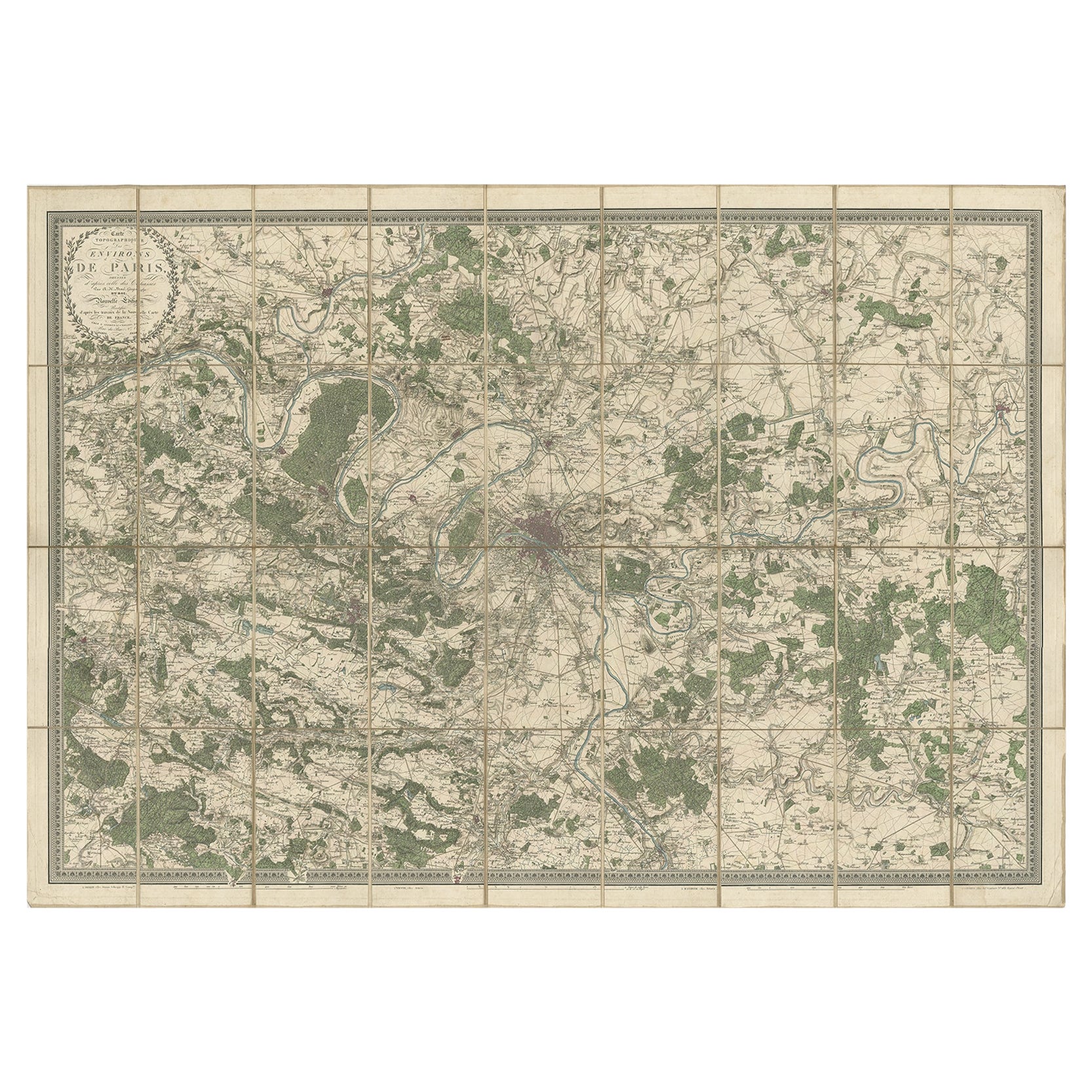 Grande mappa pieghevole di Parigi, Francia, su tela, 36 segmenti, pubblicata nel 1836 in vendita