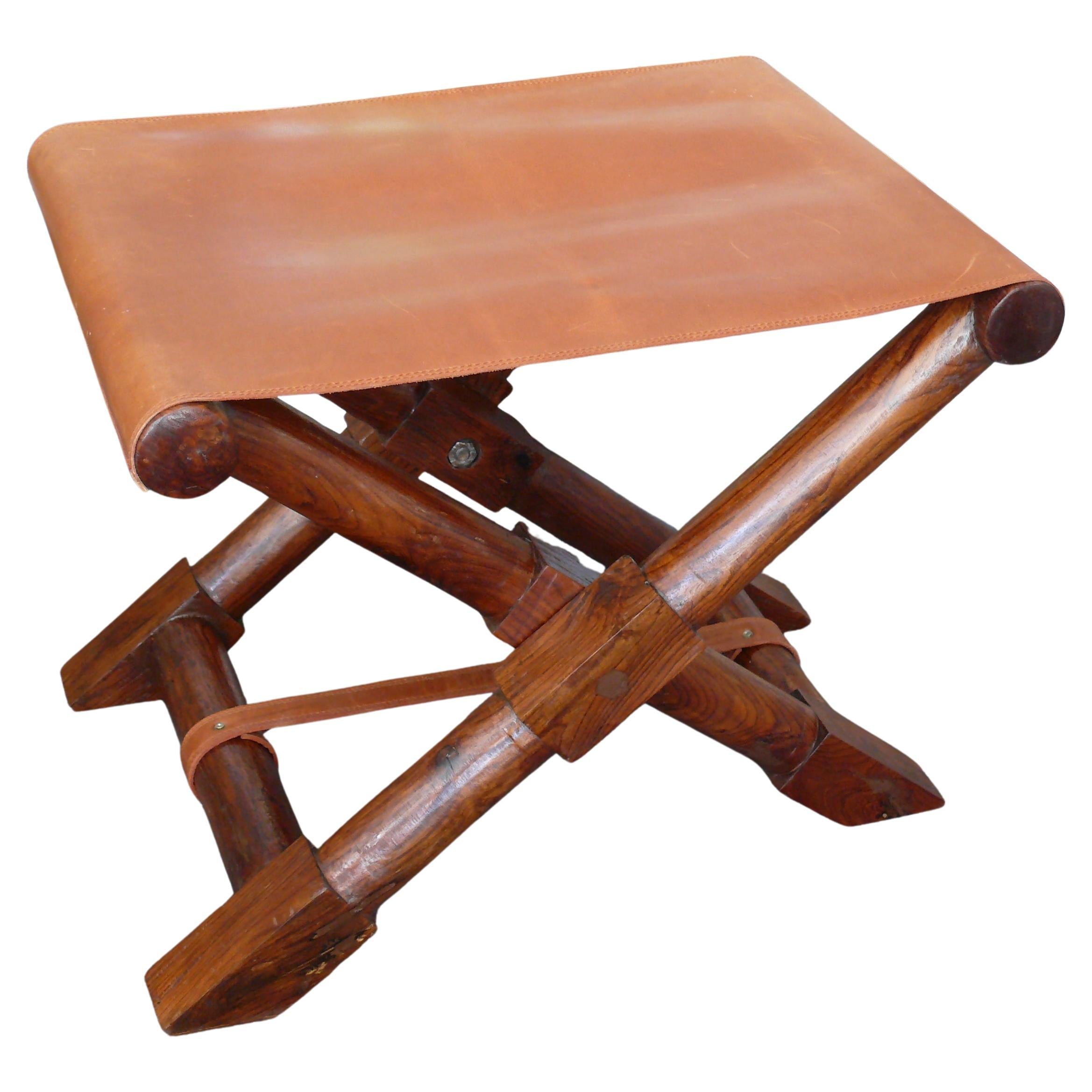 Large folding stool, vintage - rosewood and leather