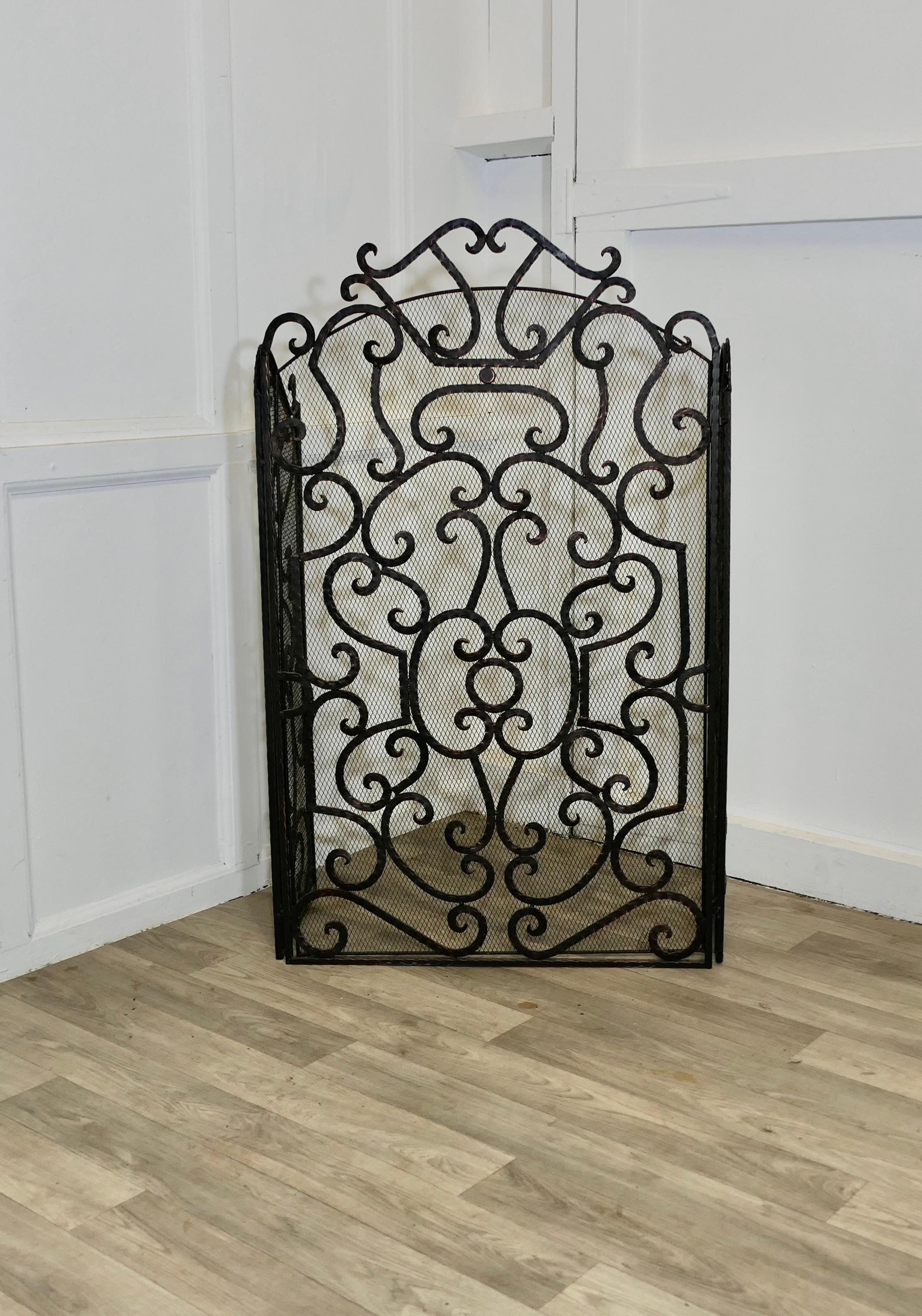 Arts and Crafts Large Folding Wrought Iron Fire Guard for Inglenook Fireplace For Sale