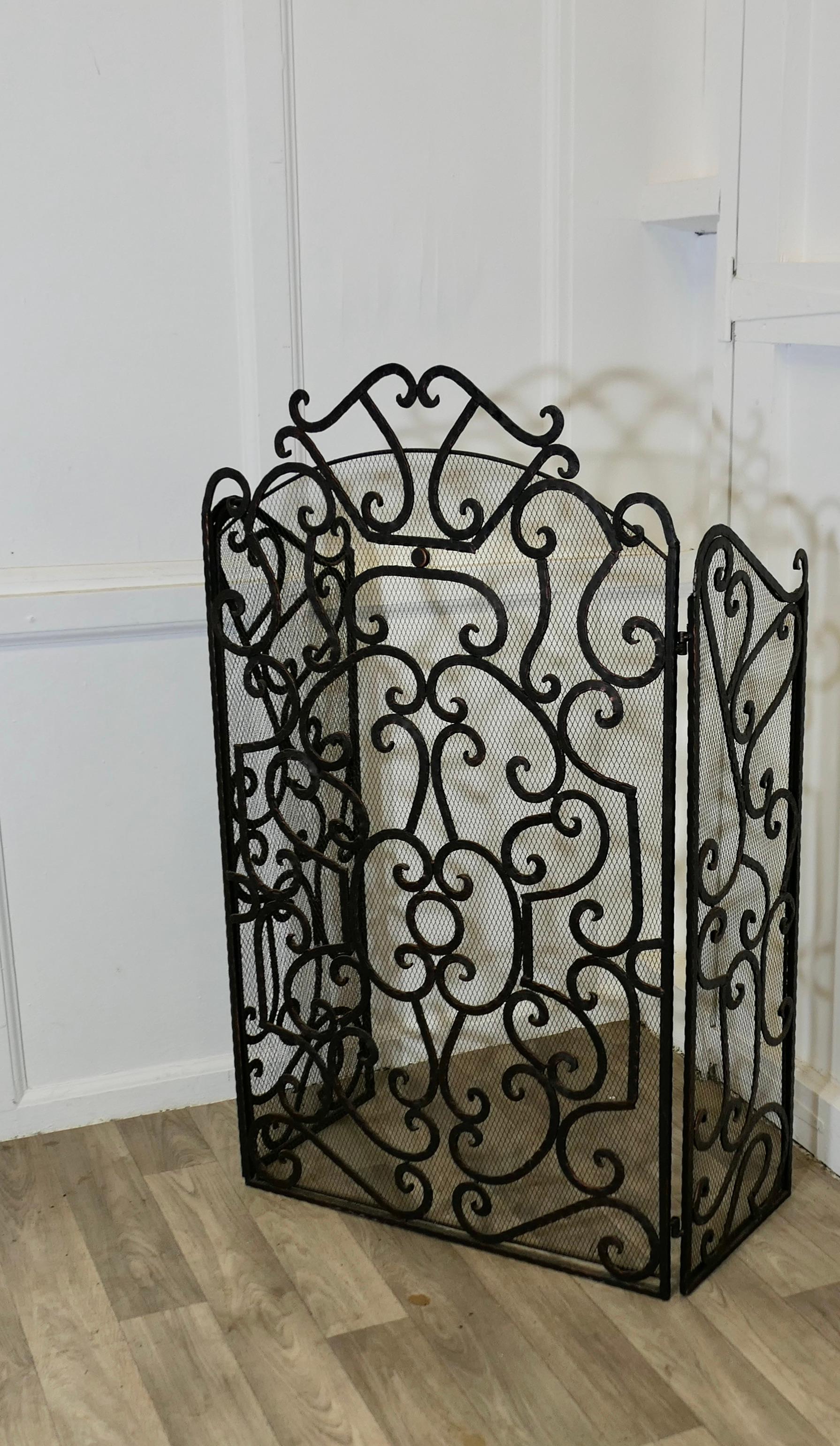19th Century Large Folding Wrought Iron Fire Guard for Inglenook Fireplace For Sale