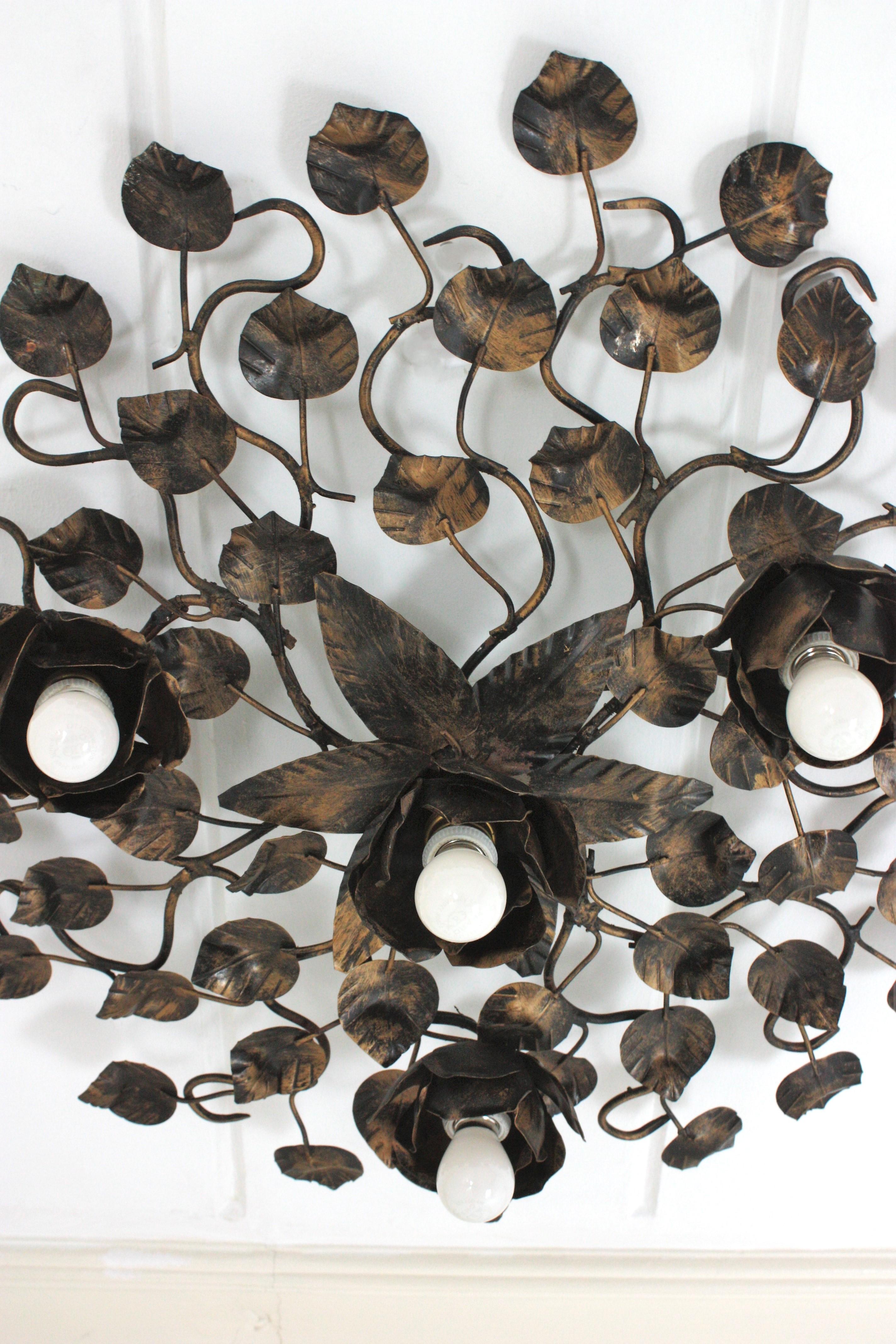 Large Foliage Floral Flush Mount Light Fixture in Gilt Patinated Iron  10