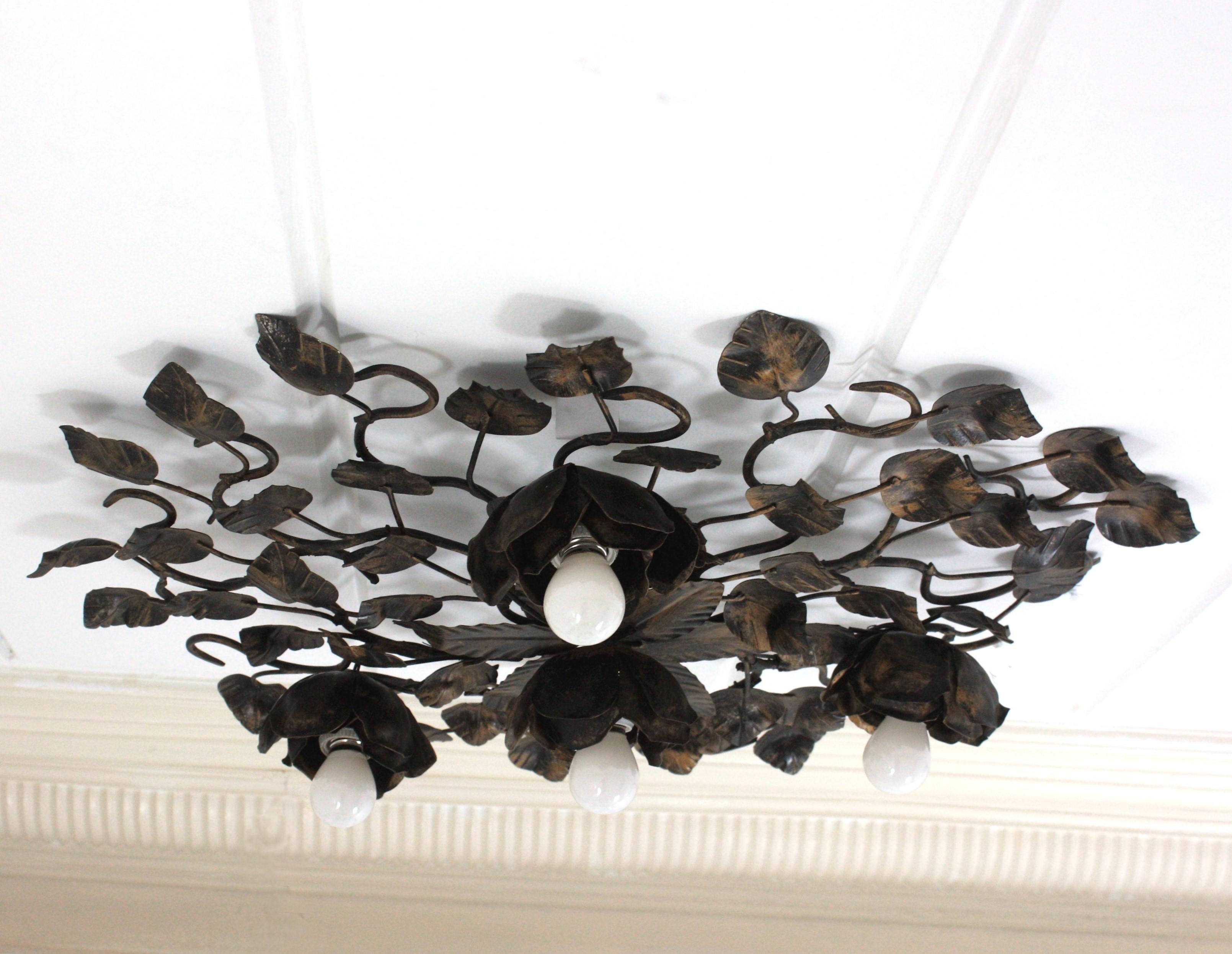 Large Foliage Floral Flush Mount Light Fixture in Gilt Patinated Iron  11