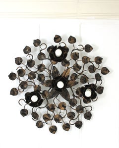 Large Foliage Floral Flush Mount Light Fixture in Gilt Patinated Iron