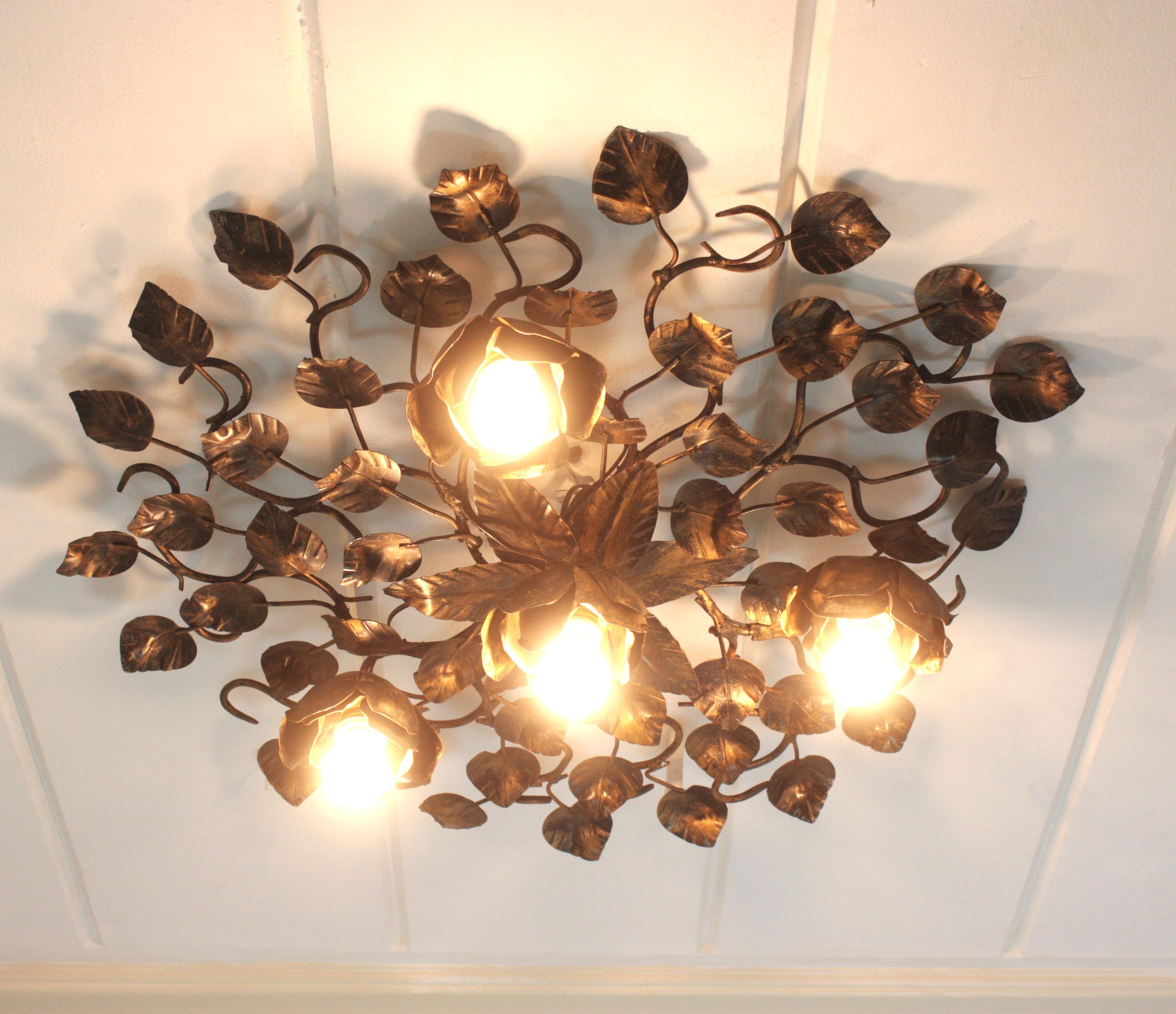 Mid-Century Modern Large Foliage Floral Flush Mount Light Fixture in Gilt Patinated Iron 