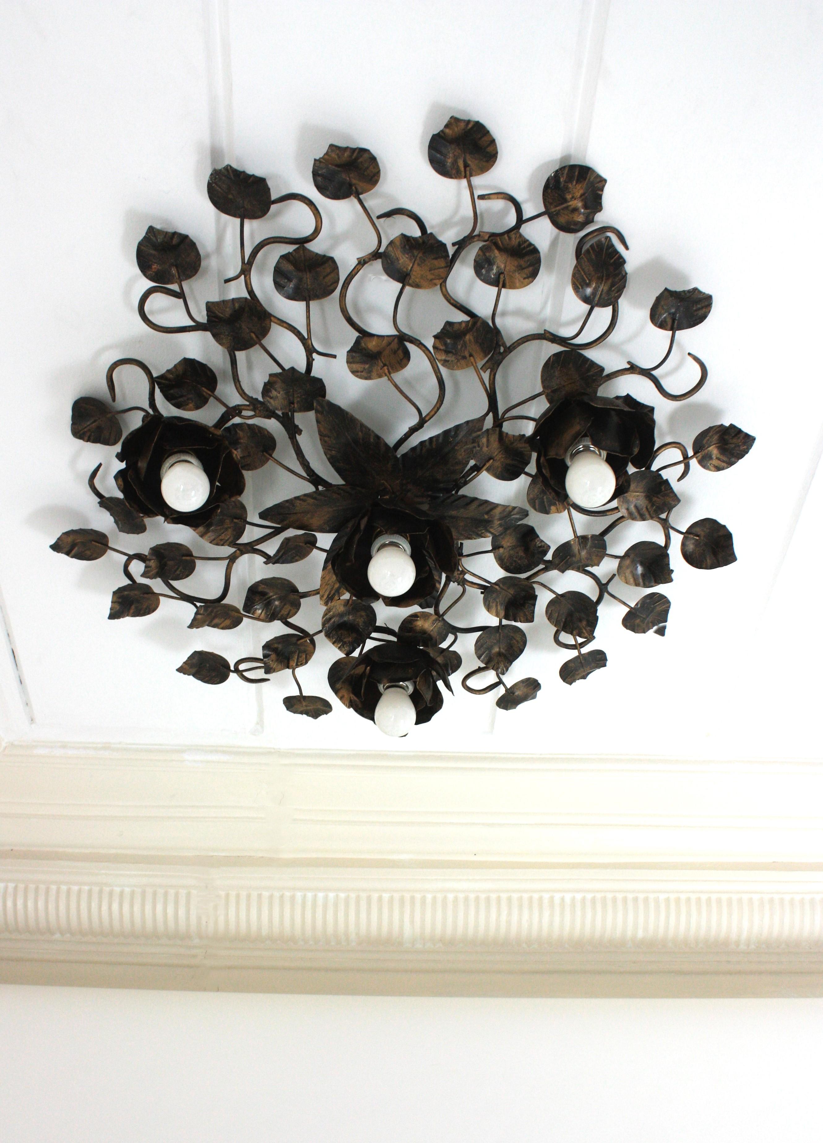 Spanish Large Foliage Floral Flush Mount Light Fixture in Gilt Patinated Iron 