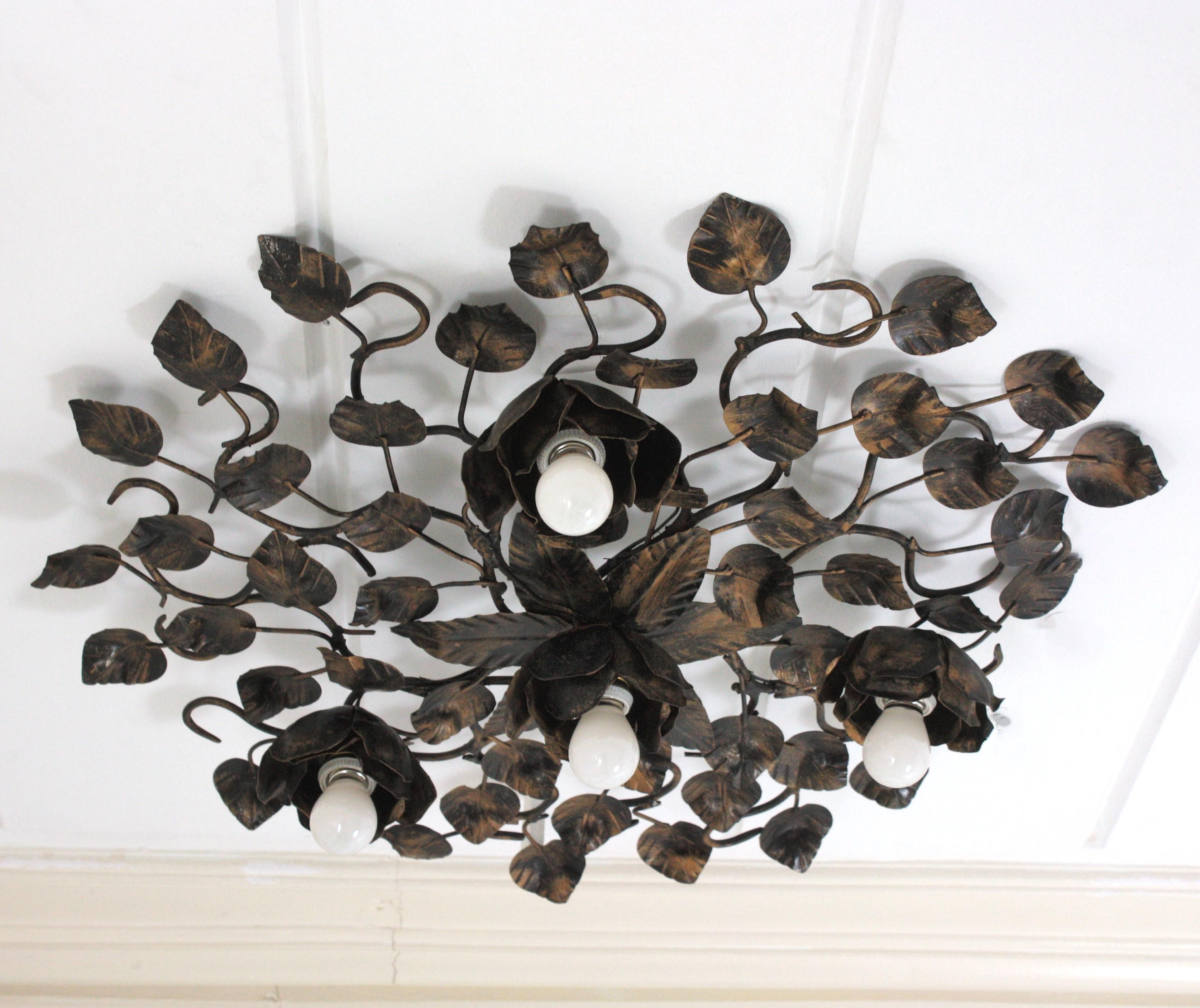 20th Century Large Foliage Floral Flush Mount Light Fixture in Gilt Patinated Iron 