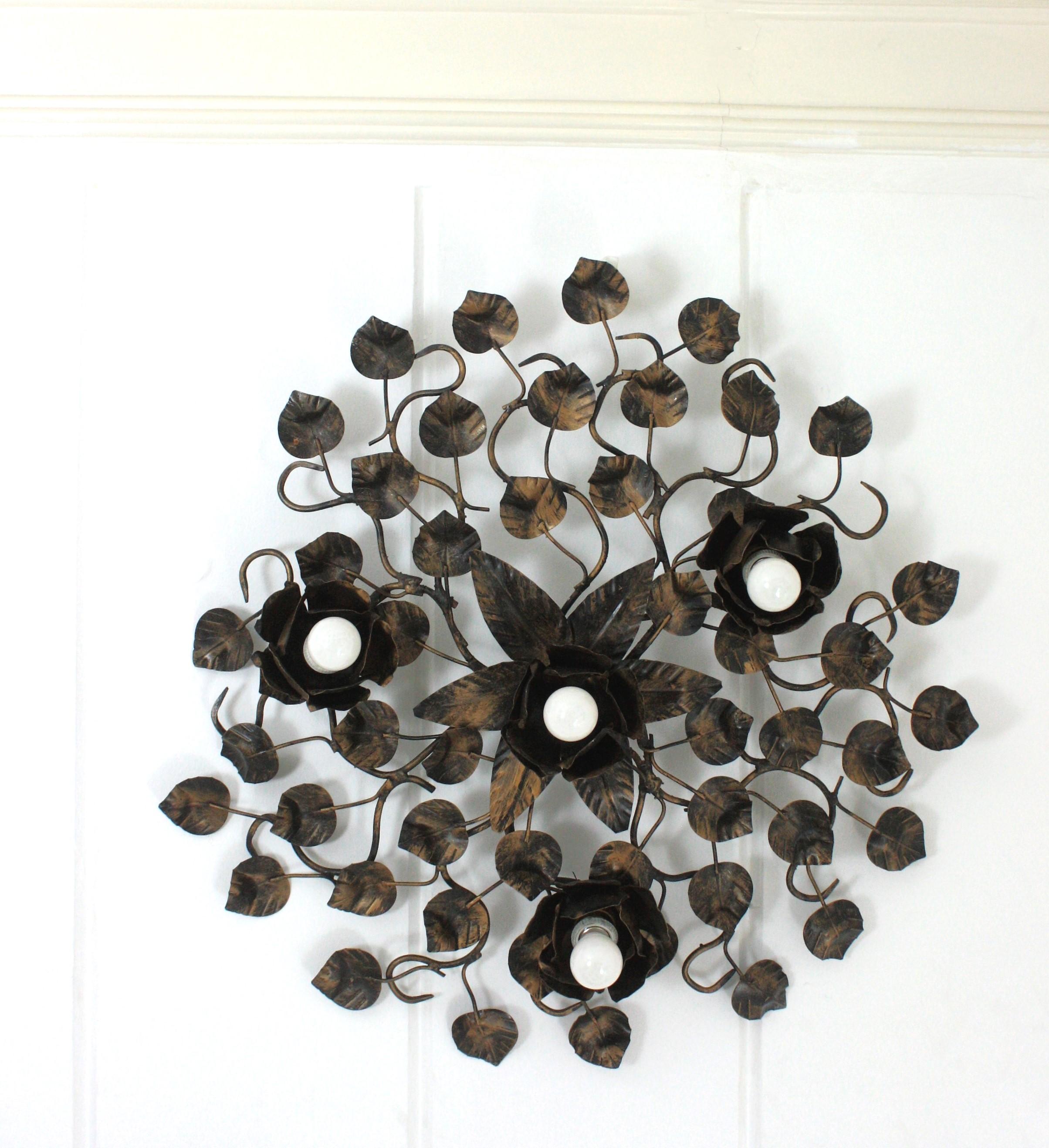 Large Foliage Floral Flush Mount Light Fixture in Gilt Patinated Iron  1
