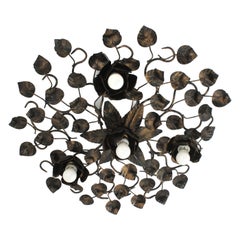 Grand luminaire à fleur de feuillage en fer patiné doré Lights