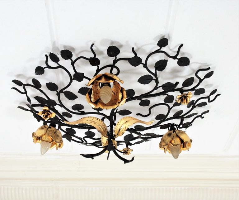 Large Foliage Floral Light Fixture in Black and Gilt Wrought Iron at