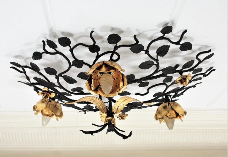 Large Foliage Floral Light Fixture in Black and Gilt Wrought Iron at