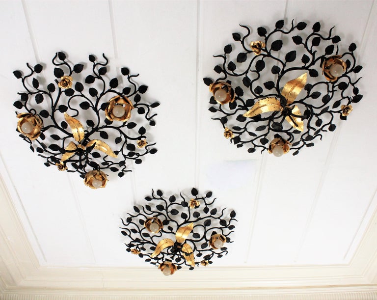 Large Foliage Floral Light Fixture in Black and Gilt Wrought Iron at