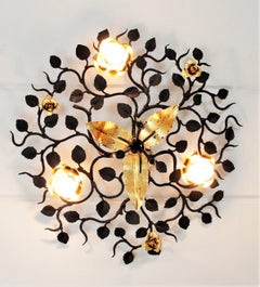 Large Foliage Floral Light Fixture in Black and Gilt Wrought Iron