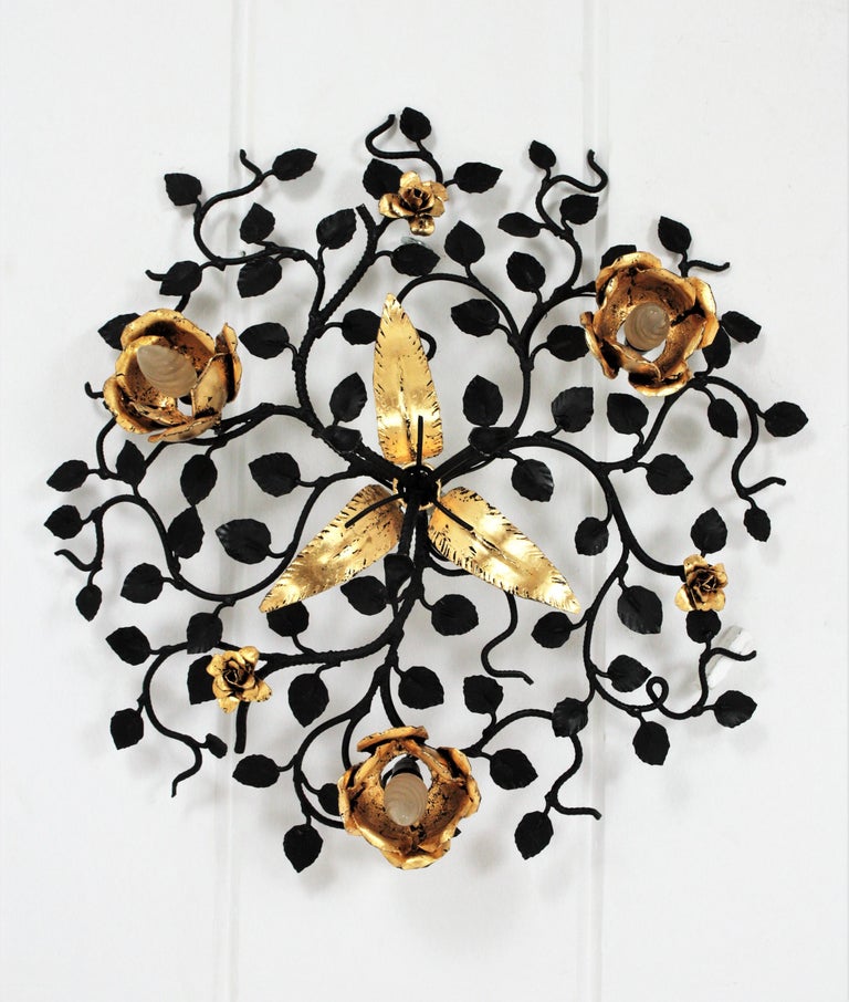 Large Foliage Floral Light Fixture in Black and Gilt Wrought Iron at