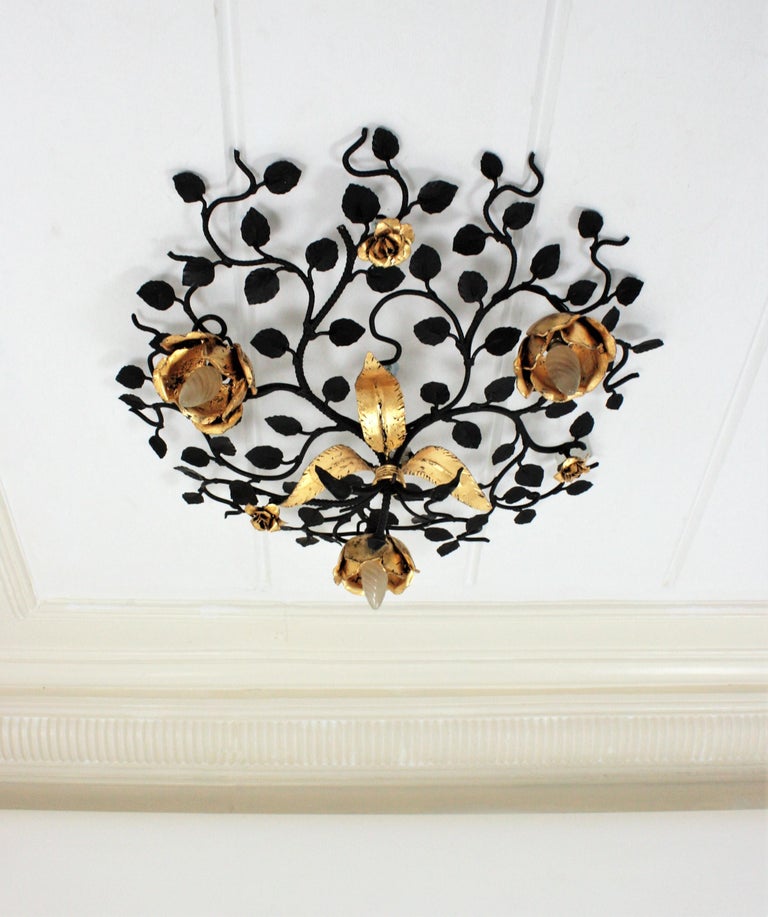 Large Foliage Floral Light Fixture in Black and Gilt Wrought Iron at