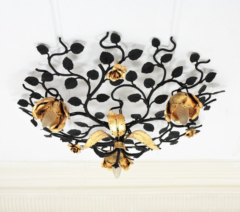 Large Foliage Floral Light Fixture in Black and Gilt Wrought Iron at