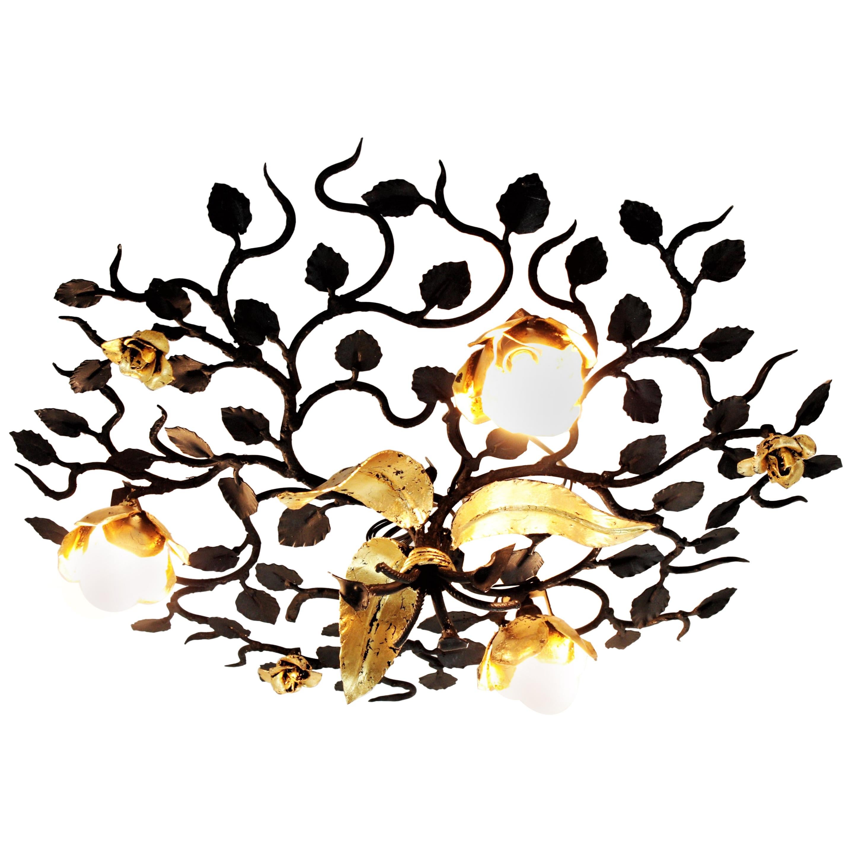 Large Foliage Floral Light Fixture in Black and Gilt Wrought Iron at