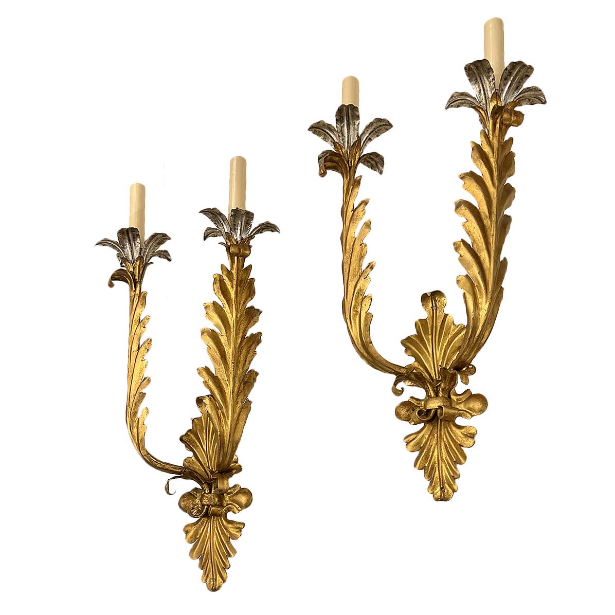 Pair of circa 1920's Italian double light sconces with gilt and silver finish.

Measurements:
Height: 18