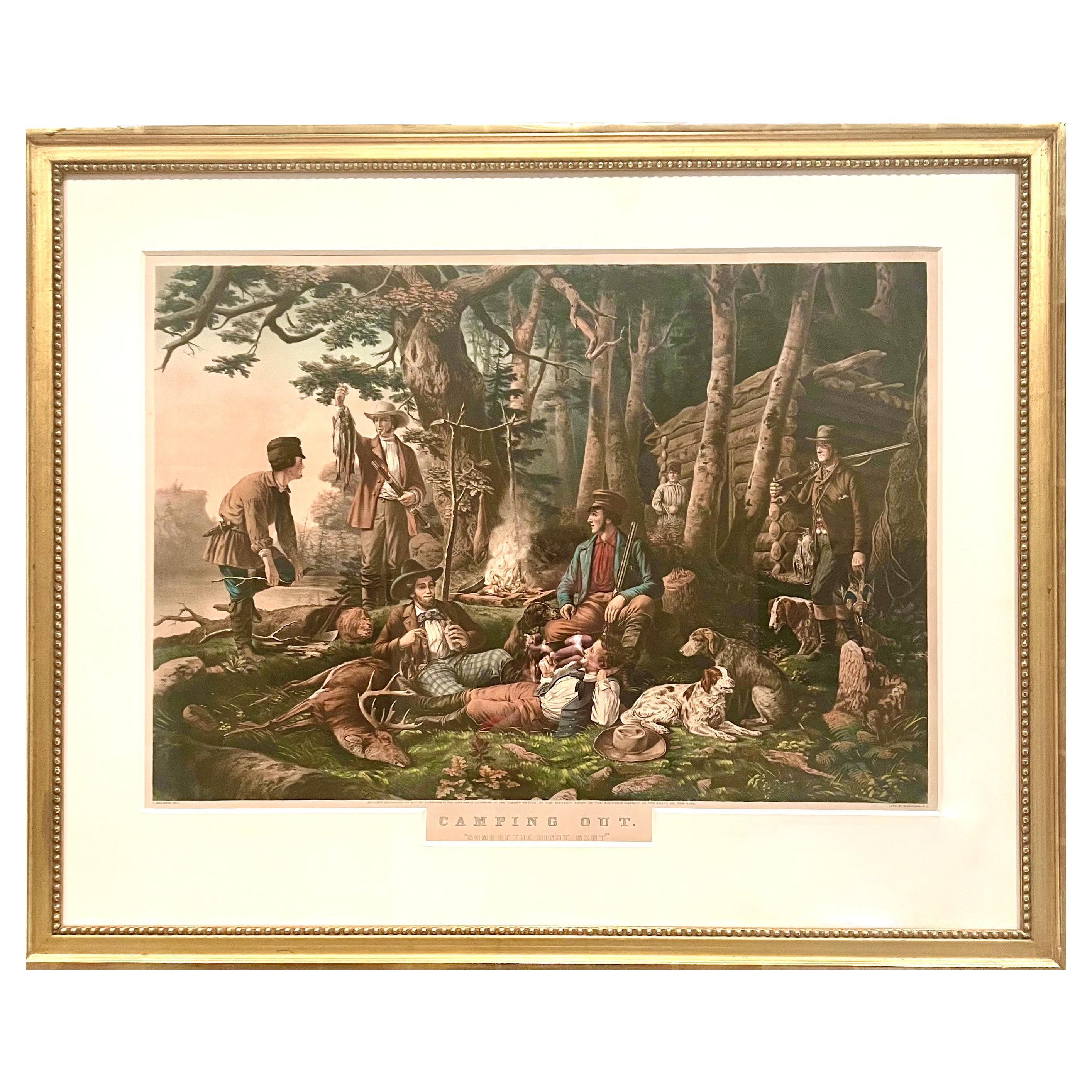 Large Folio N. Currier Colored Lithograph "Camping Out Some of the Right Sort"