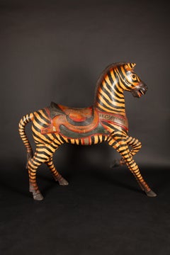 Large Folk Art Carved & Painted Wooden Carousel Zebra