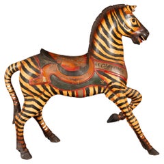 Large Folk Art Carved & Painted Wooden Carousel Zebra