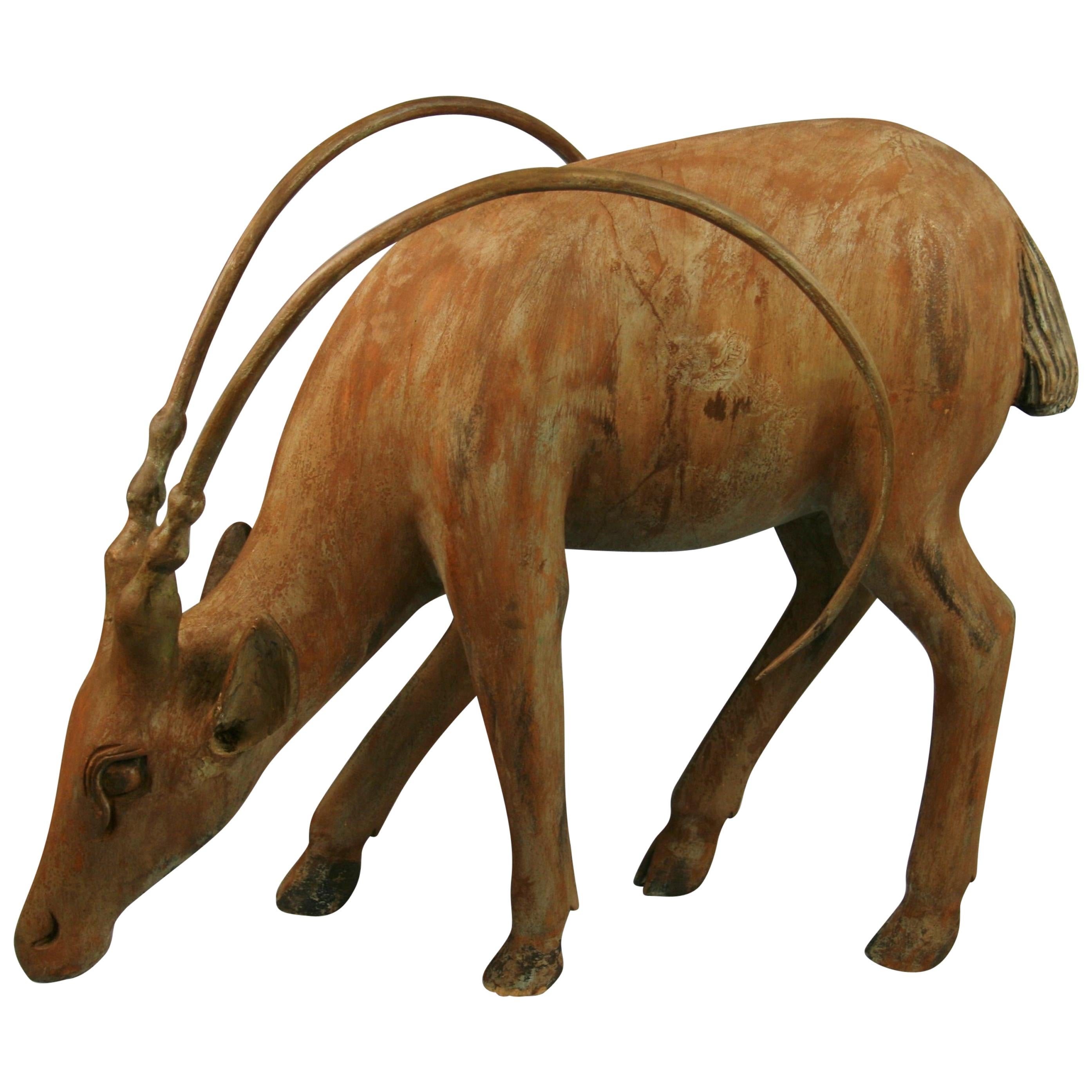 Large Folk Art Carved Wood Animal 'Ibex' Sculpture