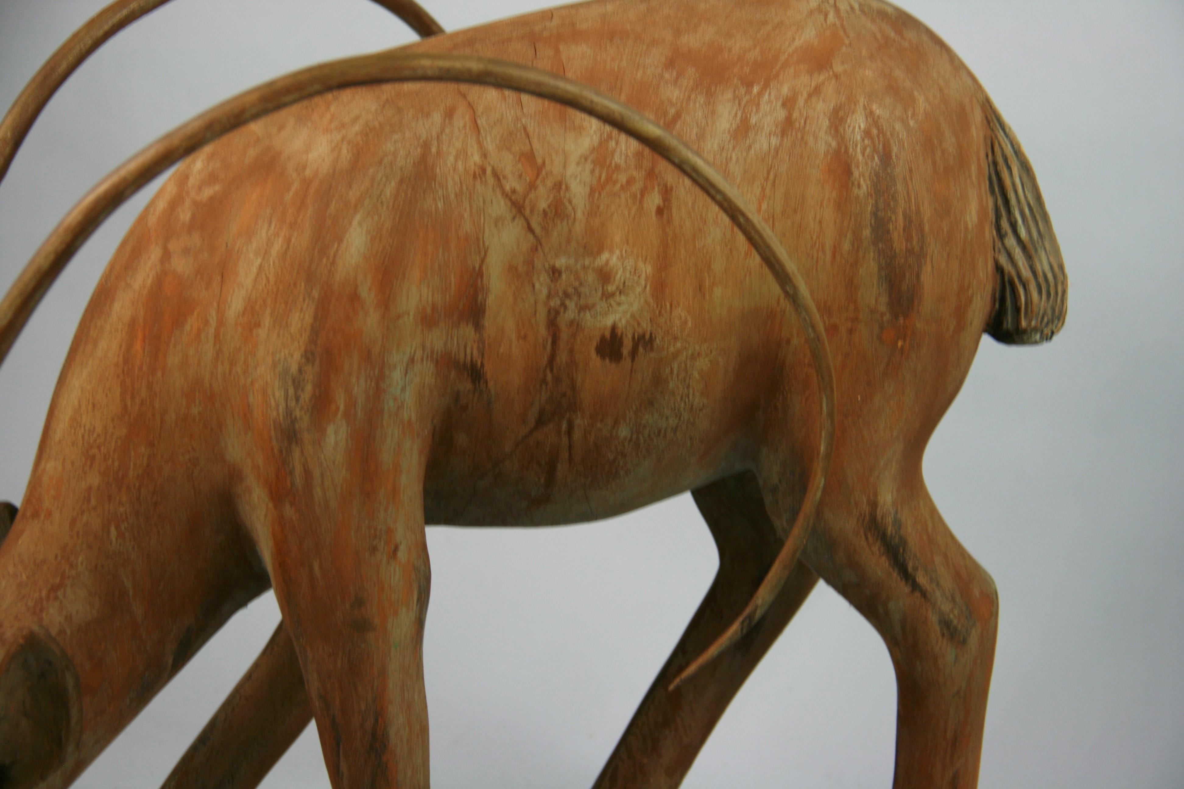 Mid-20th Century Large Folk Art Carved Wood Animal 'Ibex' Sculpture